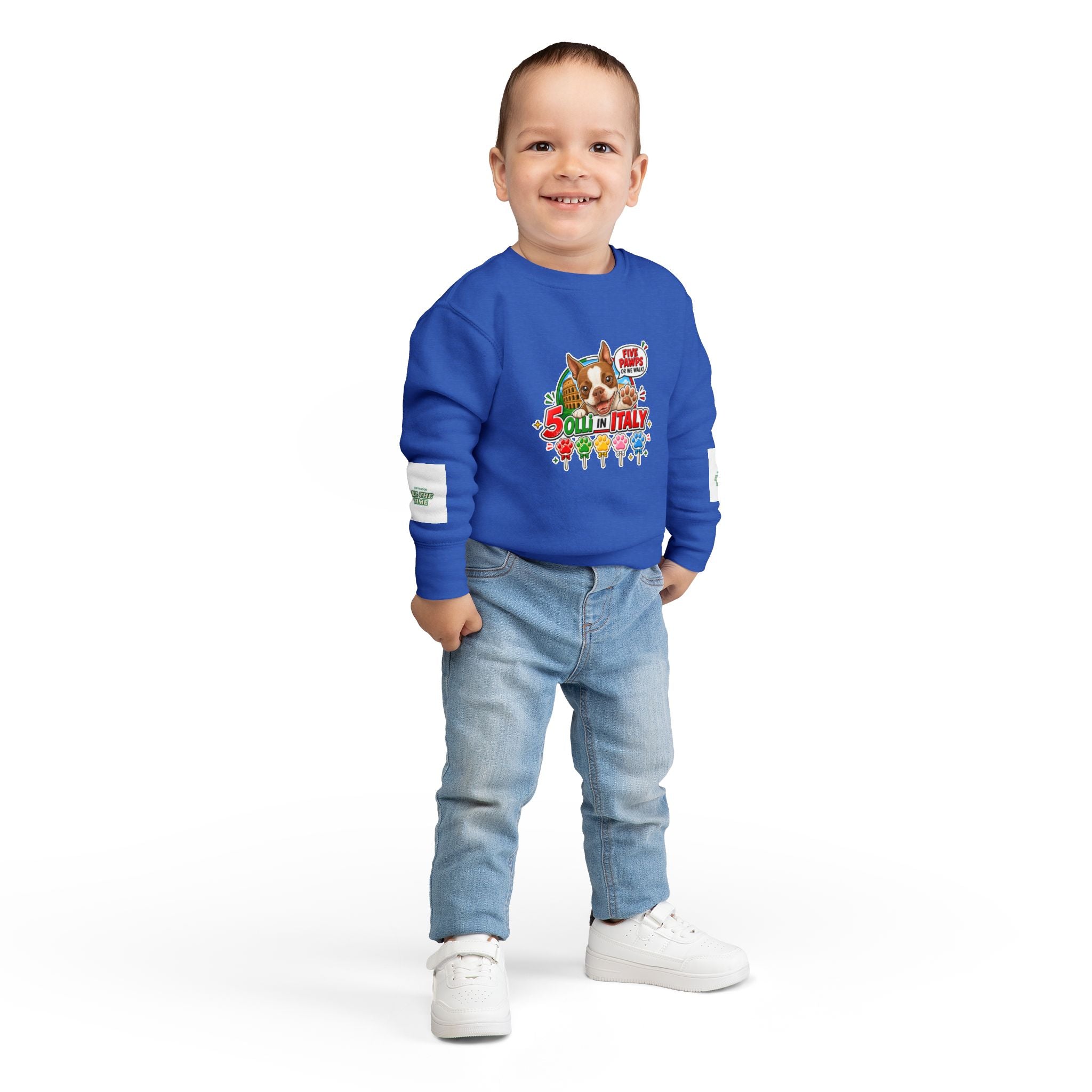 Toddler Sweatshirt - "Olli in Italy" Cute Boston Terrier Puppy Travel Crewneck