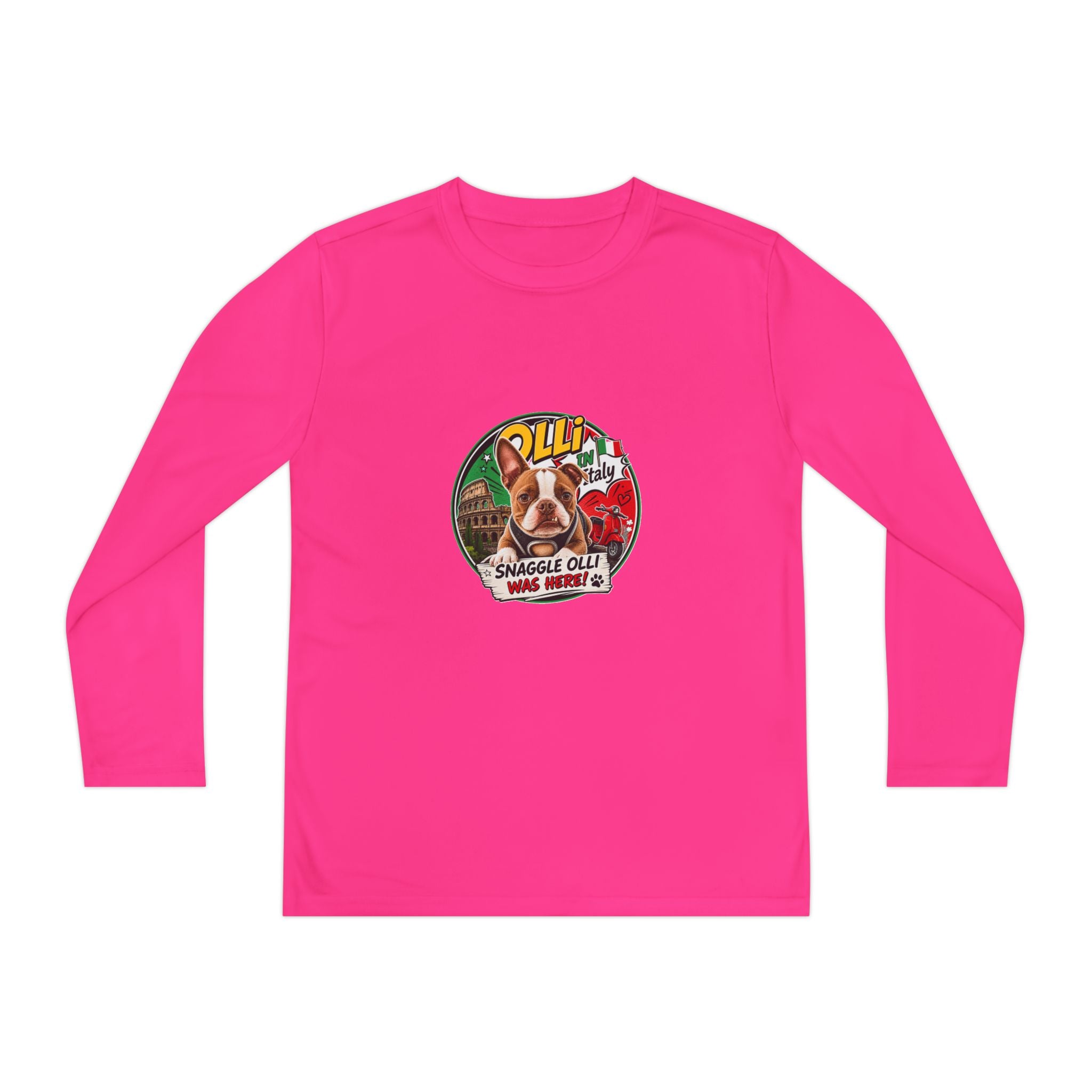 Olli the Boston Terrier in Italy Youth Long Sleeve Tee — "Olli" Surf Rescue Graphic