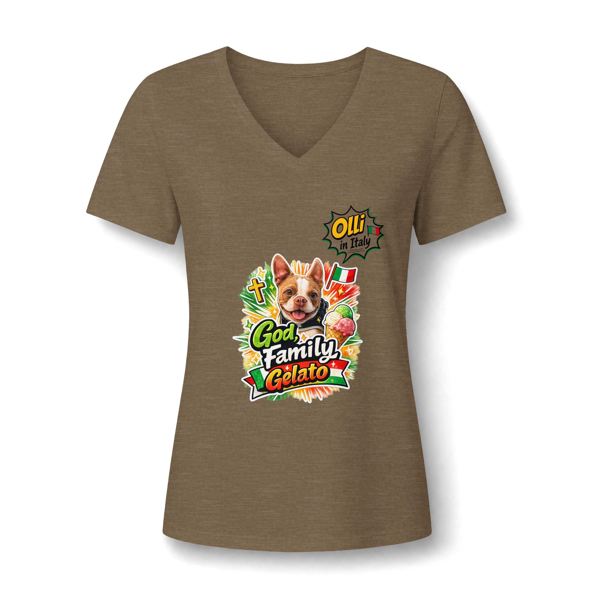 Women's V-Neck Tee — 'Gelato Family' Cute French Bulldog Design