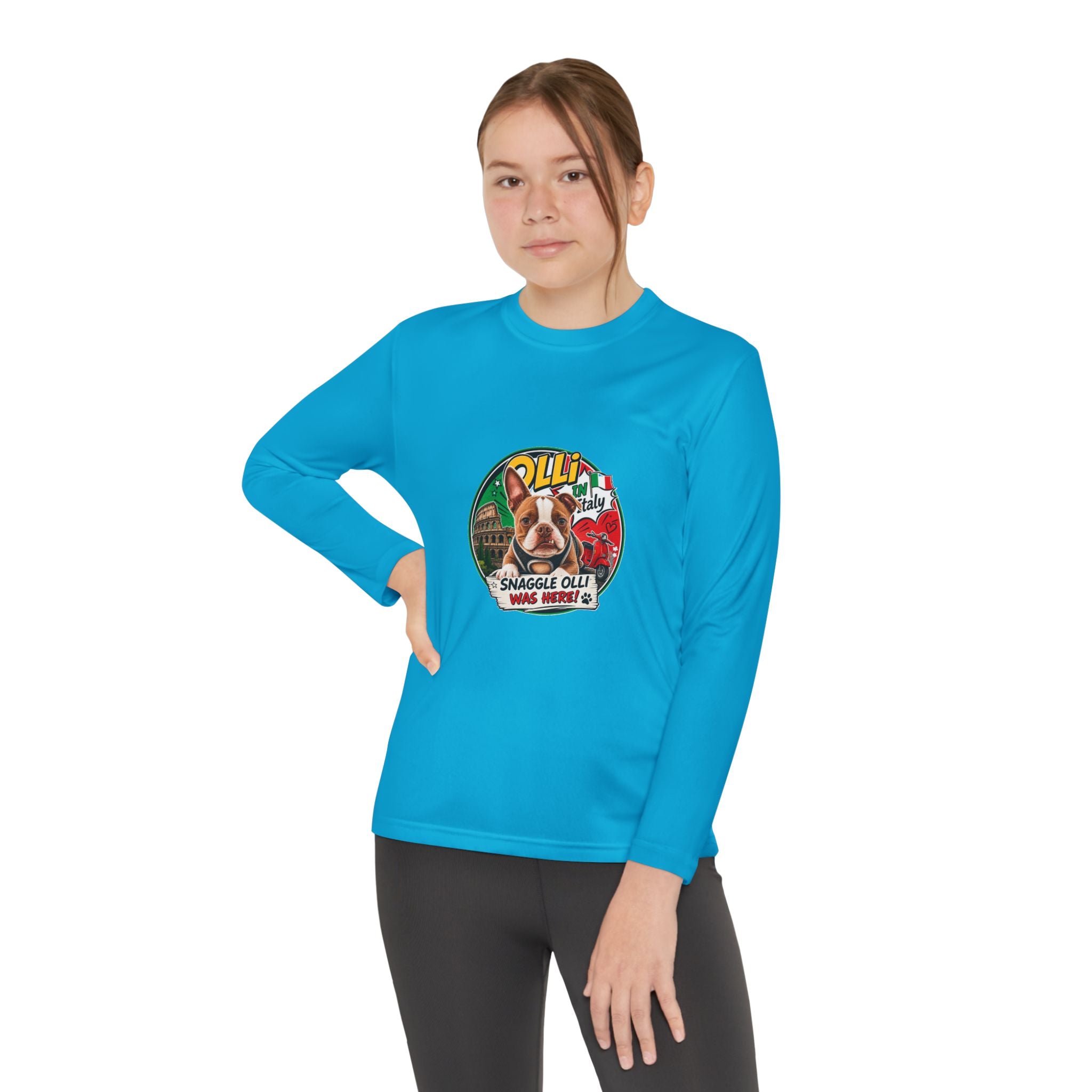 Olli the Boston Terrier in Italy Youth Long Sleeve Tee — "Olli" Surf Rescue Graphic