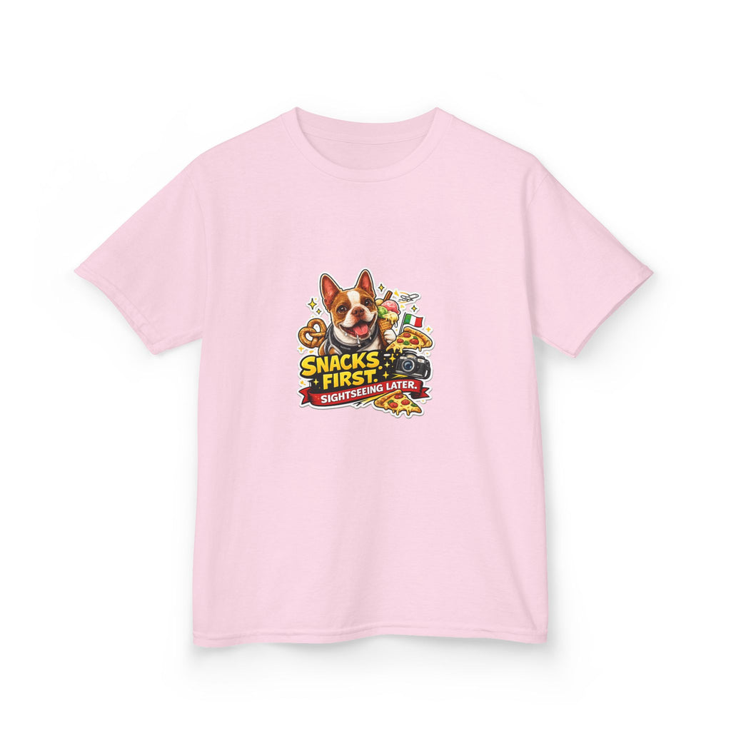 Kids T‑Shirt — "Snacks First" Funny Olli the Boston Terrier Graphic Tee for Children
