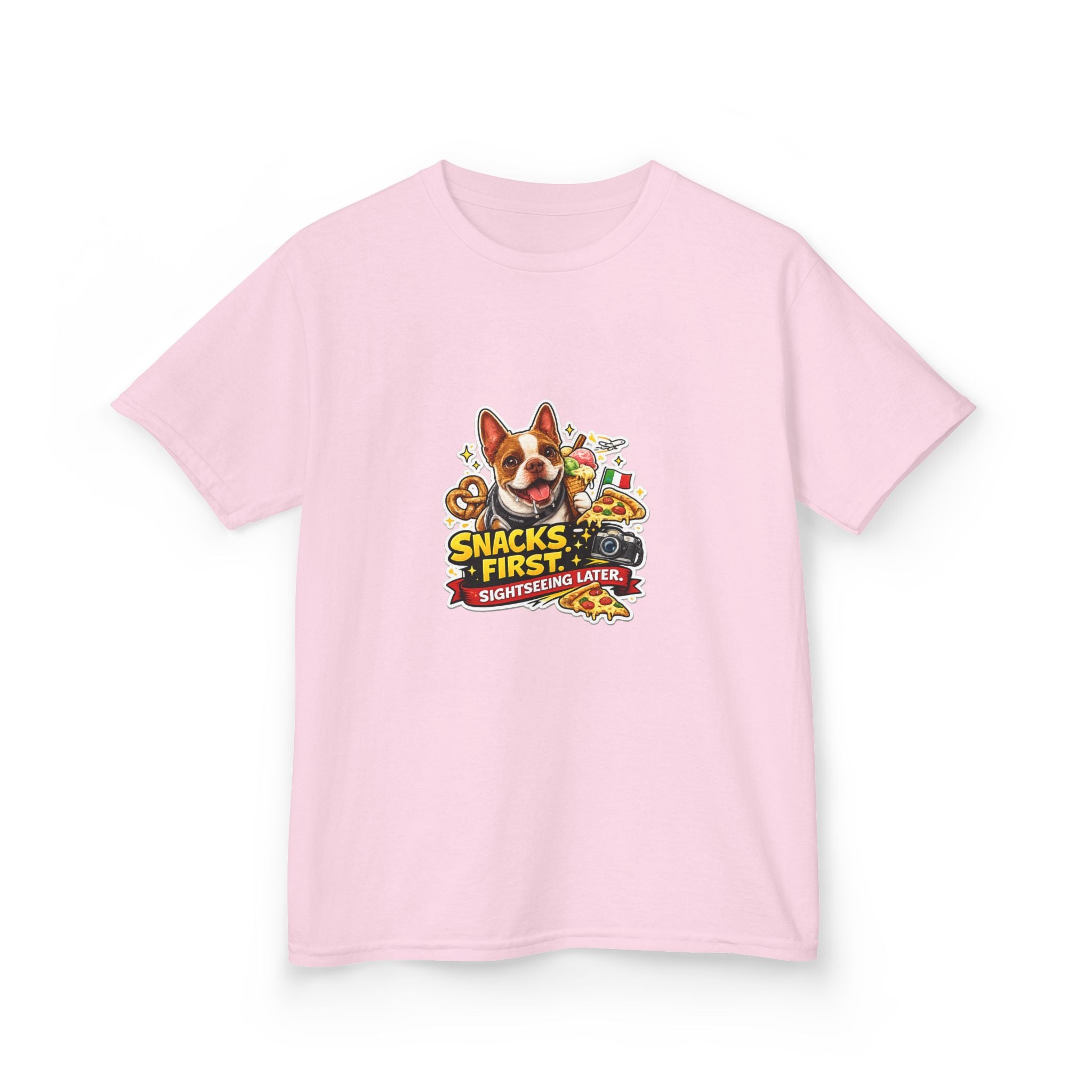 Kids T‑Shirt — "Snacks First" Funny Olli the Boston Terrier Graphic Tee for Children