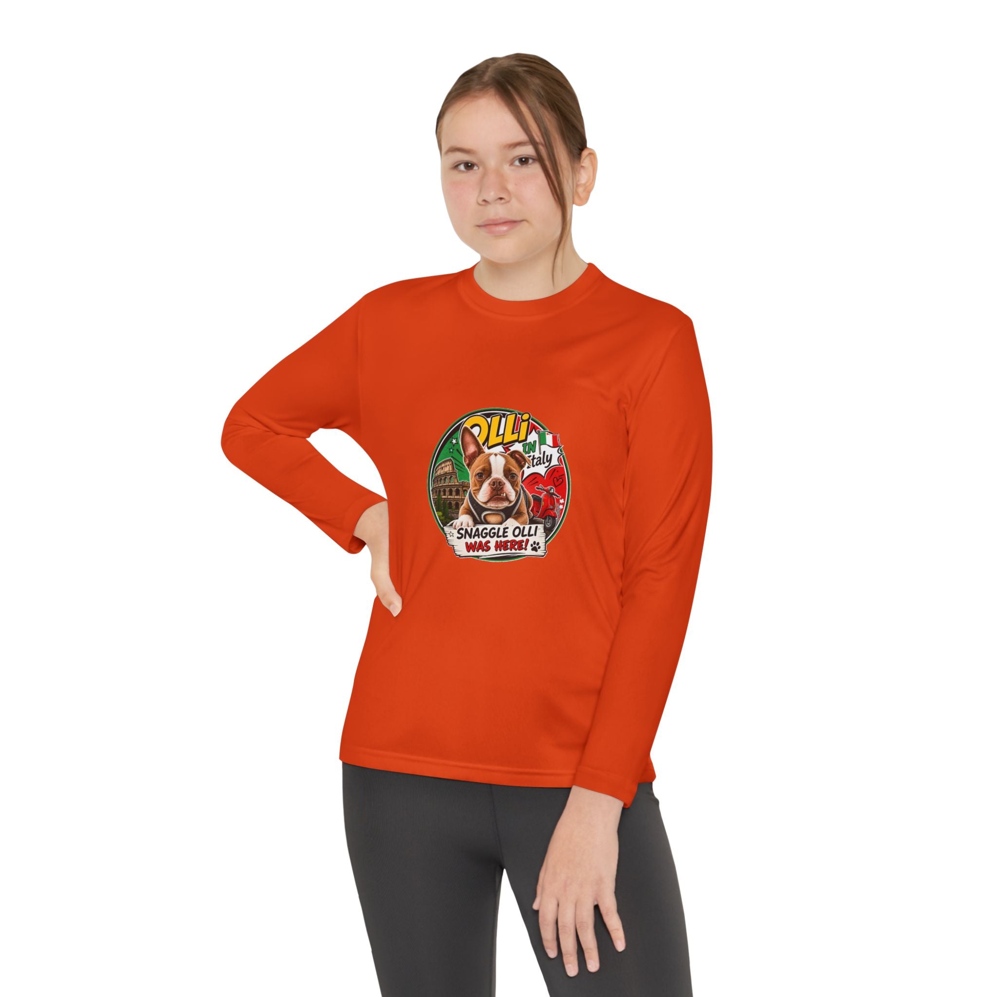 Olli the Boston Terrier in Italy Youth Long Sleeve Tee — "Olli" Surf Rescue Graphic