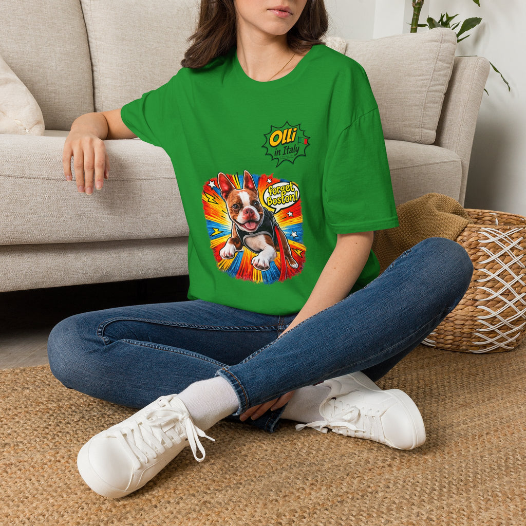 Olli in Italy "Forget Boston" Graphic T-Shirt — Colorful Dog Pop Art Tee