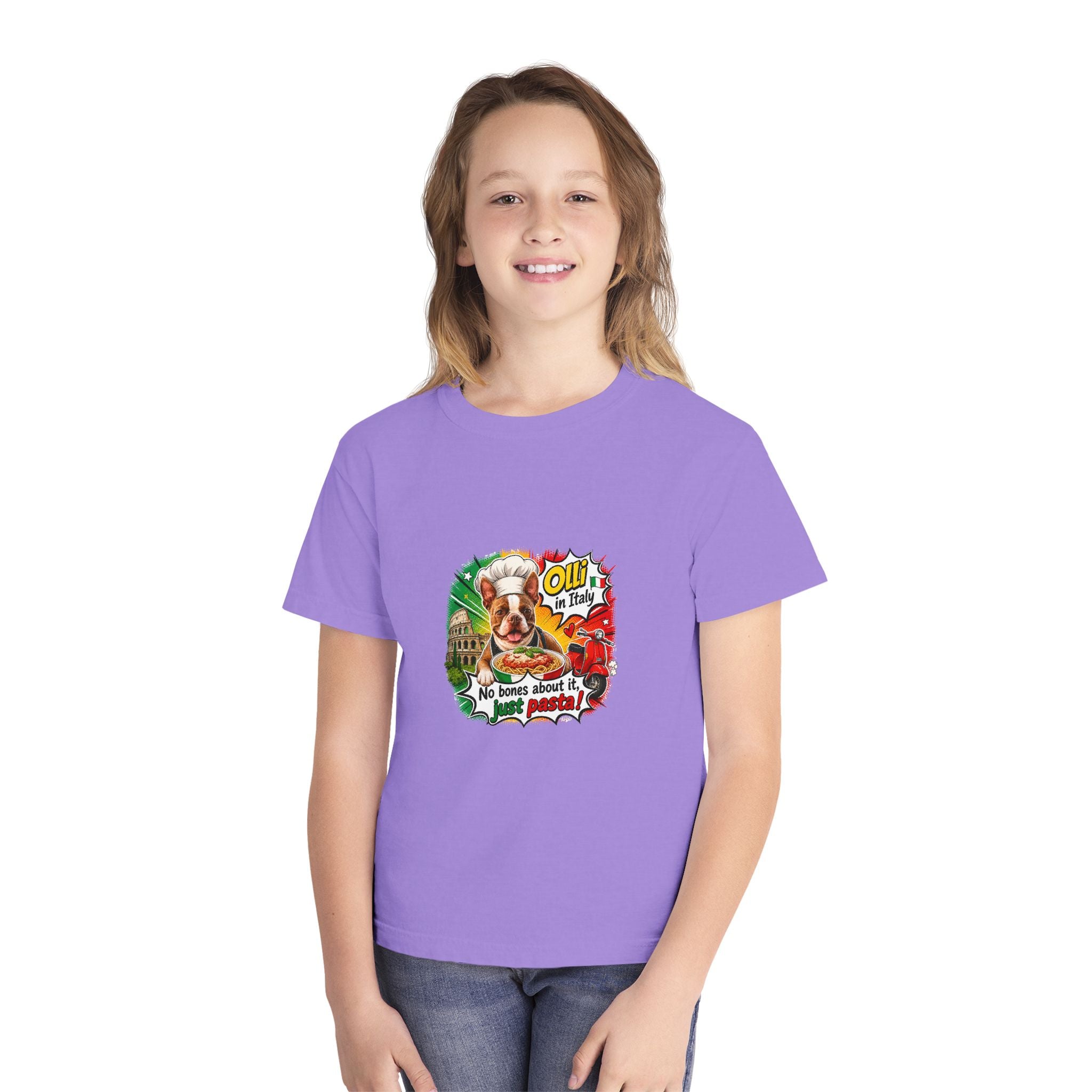 Youth Tee - Cute Olli the Boston Terrier "My Nose Says This Way" Vintage Italian Pizza Chef Graphic
