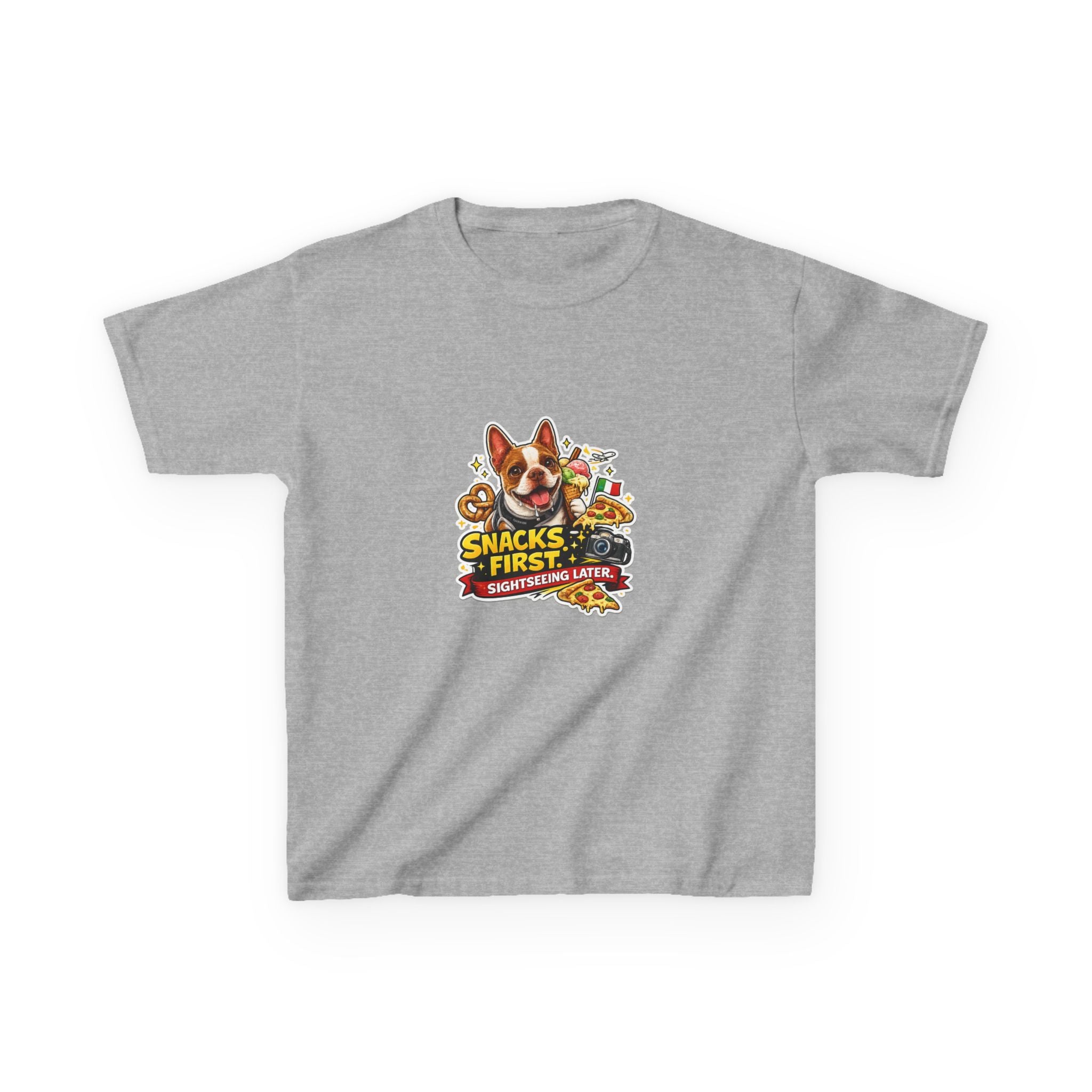 Kids T‑Shirt — "Snacks First" Funny Olli the Boston Terrier Graphic Tee for Children