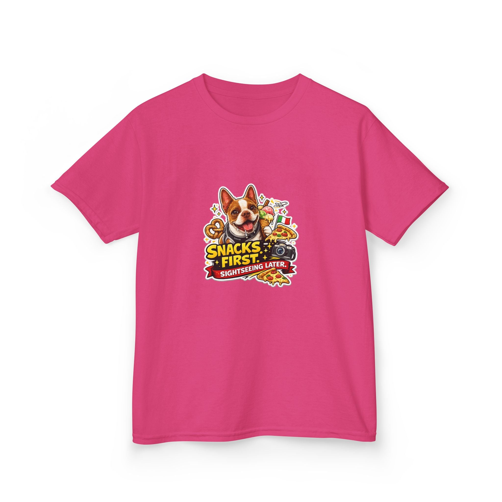 Kids T‑Shirt — "Snacks First" Funny Olli the Boston Terrier Graphic Tee for Children