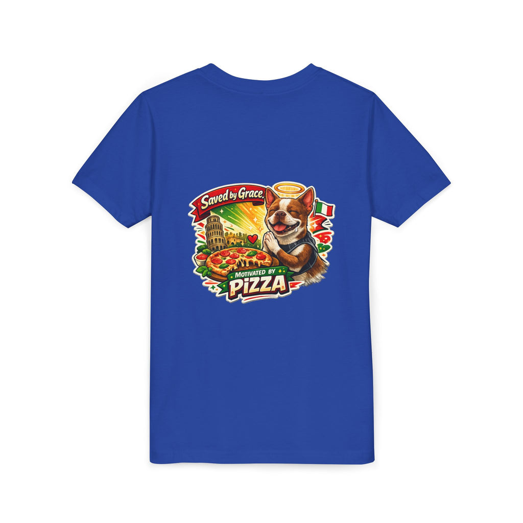 Kids' Pizza Olli the Boston Terrier Tee — "Saved by Grace" Funny Italian Pizza Youth Shirt