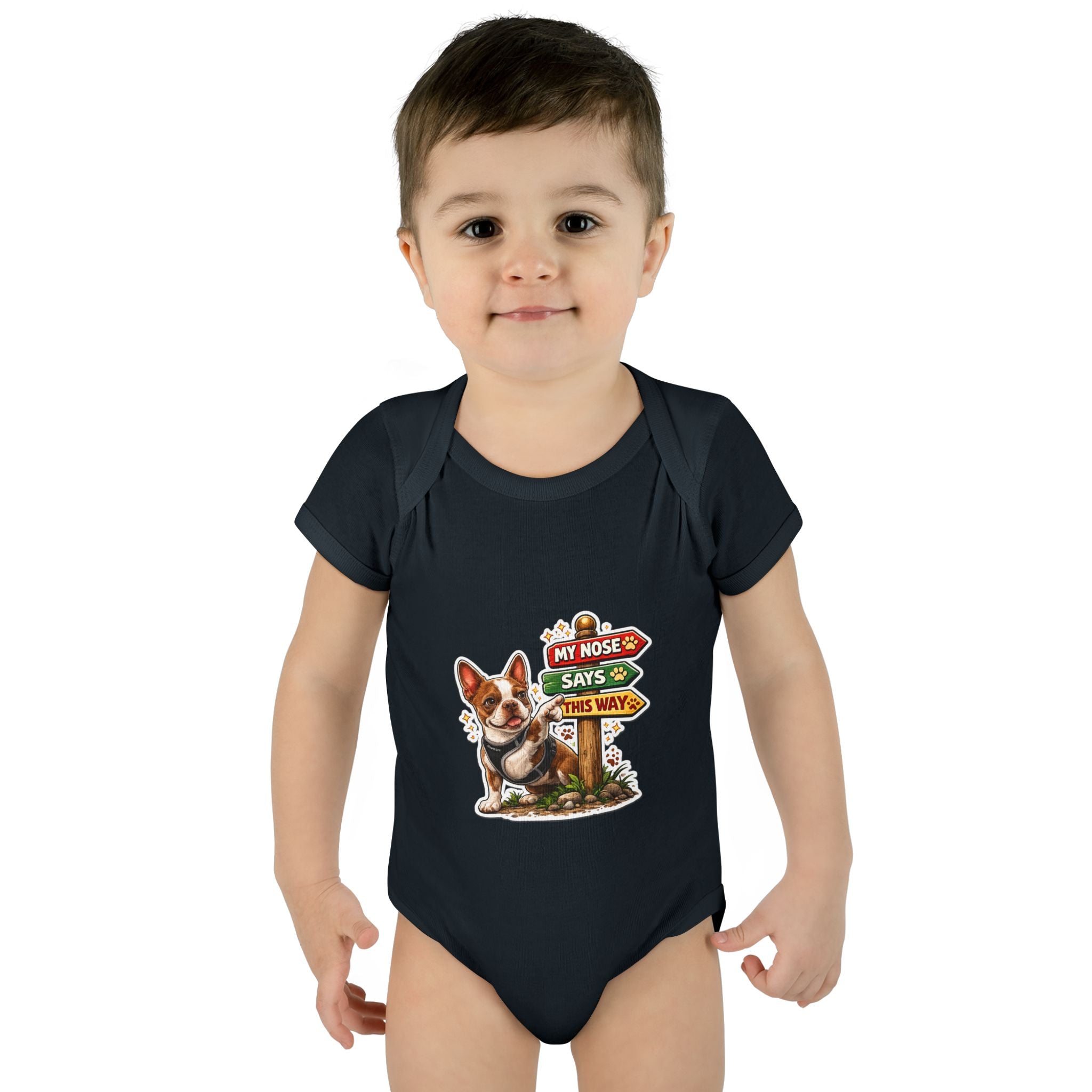Infant Bodysuit — "My Nose Says This Way" Boston Terrier 'Olli' Baby Onesie (Front & Back Cute Dog Design)