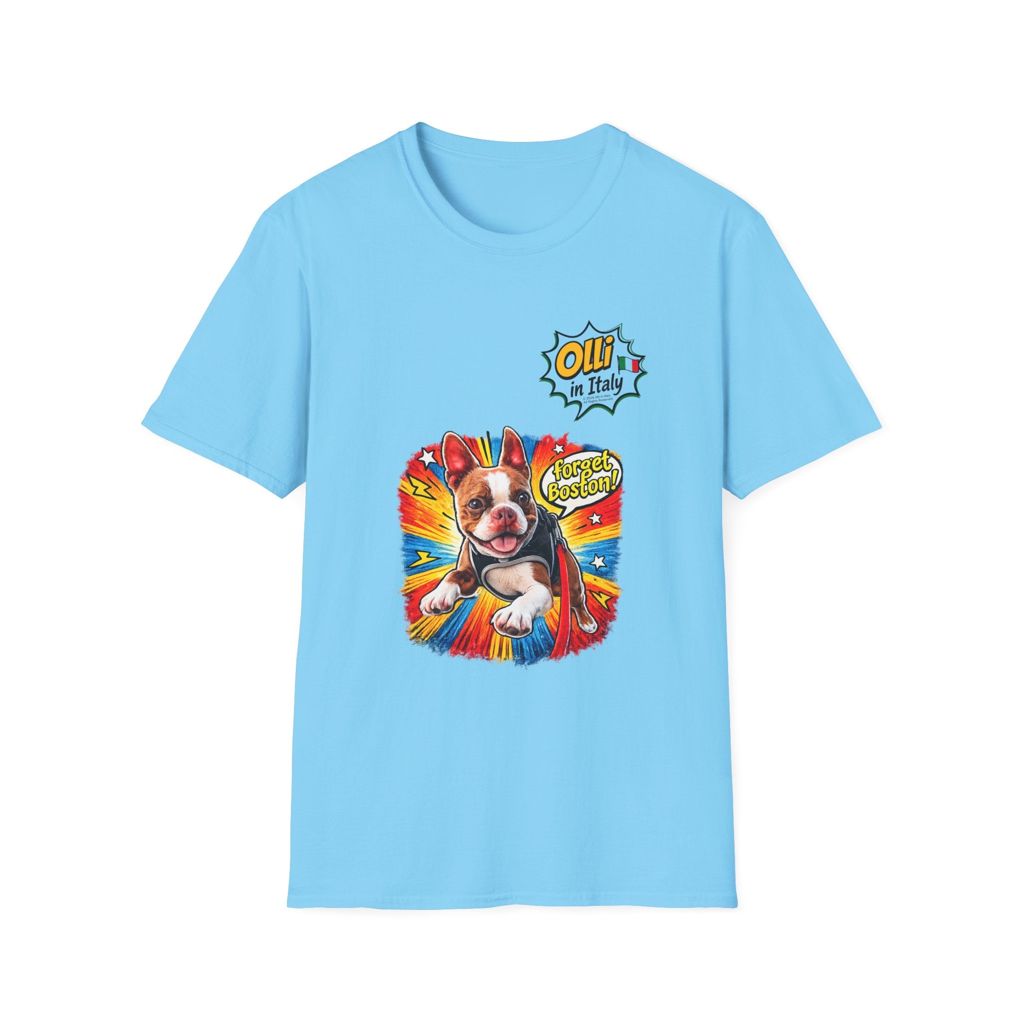 Olli in Italy "Forget Boston" Graphic T-Shirt — Colorful Dog Pop Art Tee