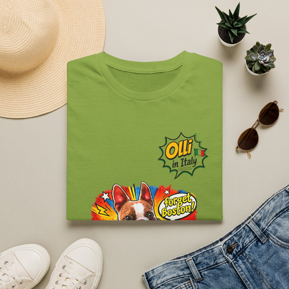Olli in Italy "Forget Boston" Graphic T-Shirt — Colorful Dog Pop Art Tee