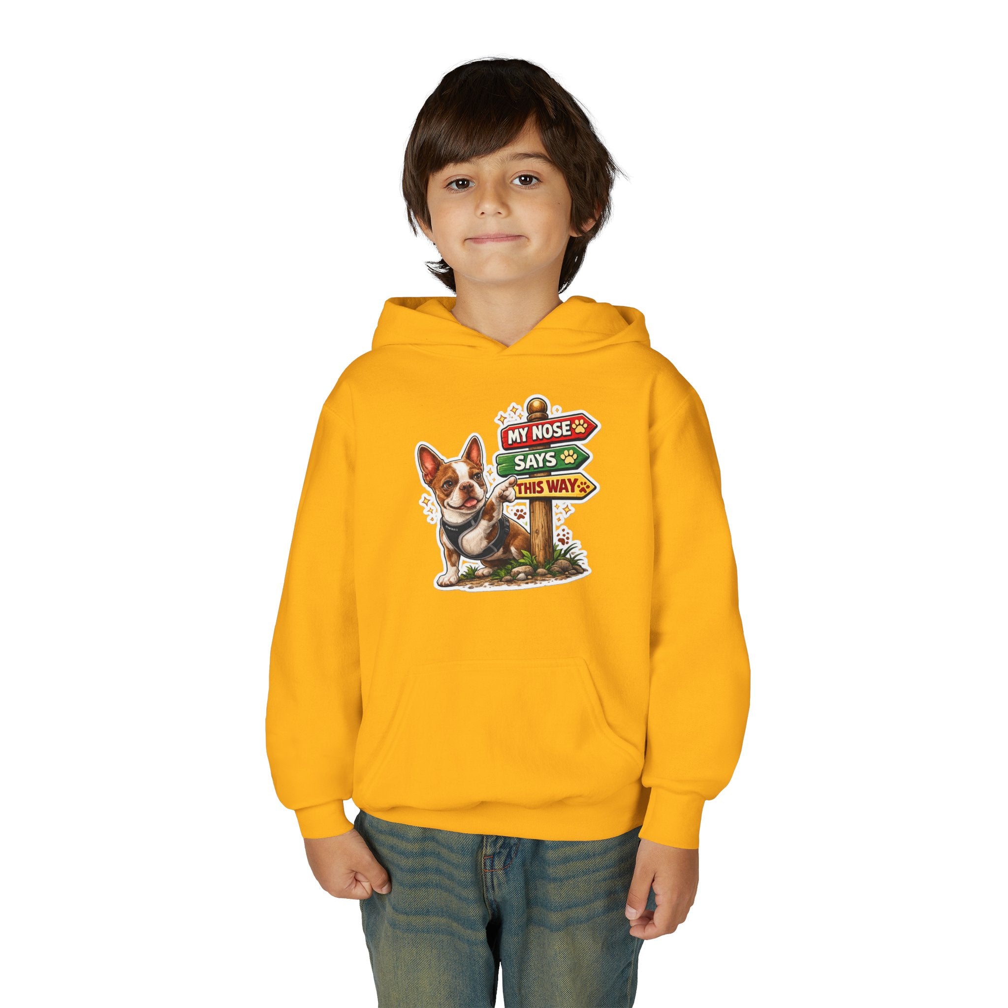 Youth Hoodie — Cute Olli the Boston Terrier ‘My Nose Says This Way’ / ‘I Came, I Sniffed, I Judged’
