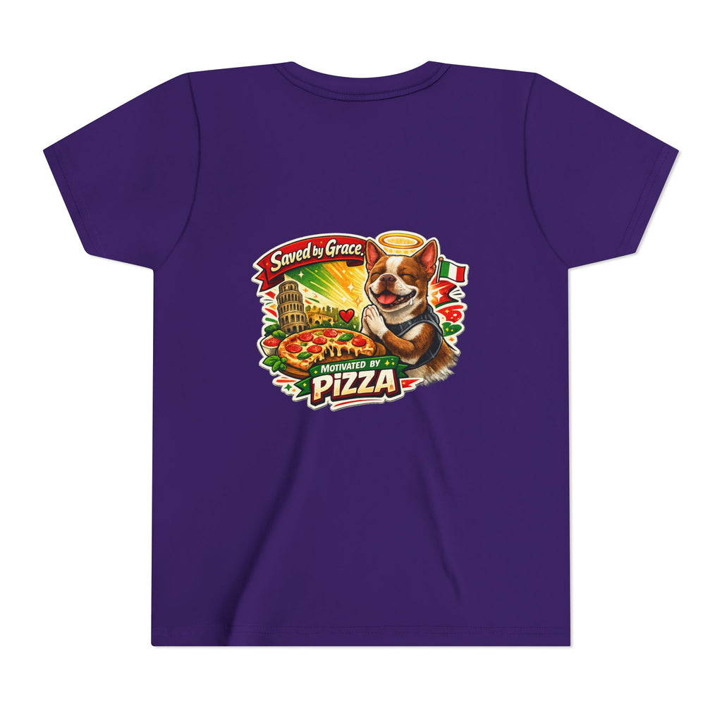Kids' Pizza Olli the Boston Terrier Tee — "Saved by Grace" Funny Italian Pizza Youth Shirt