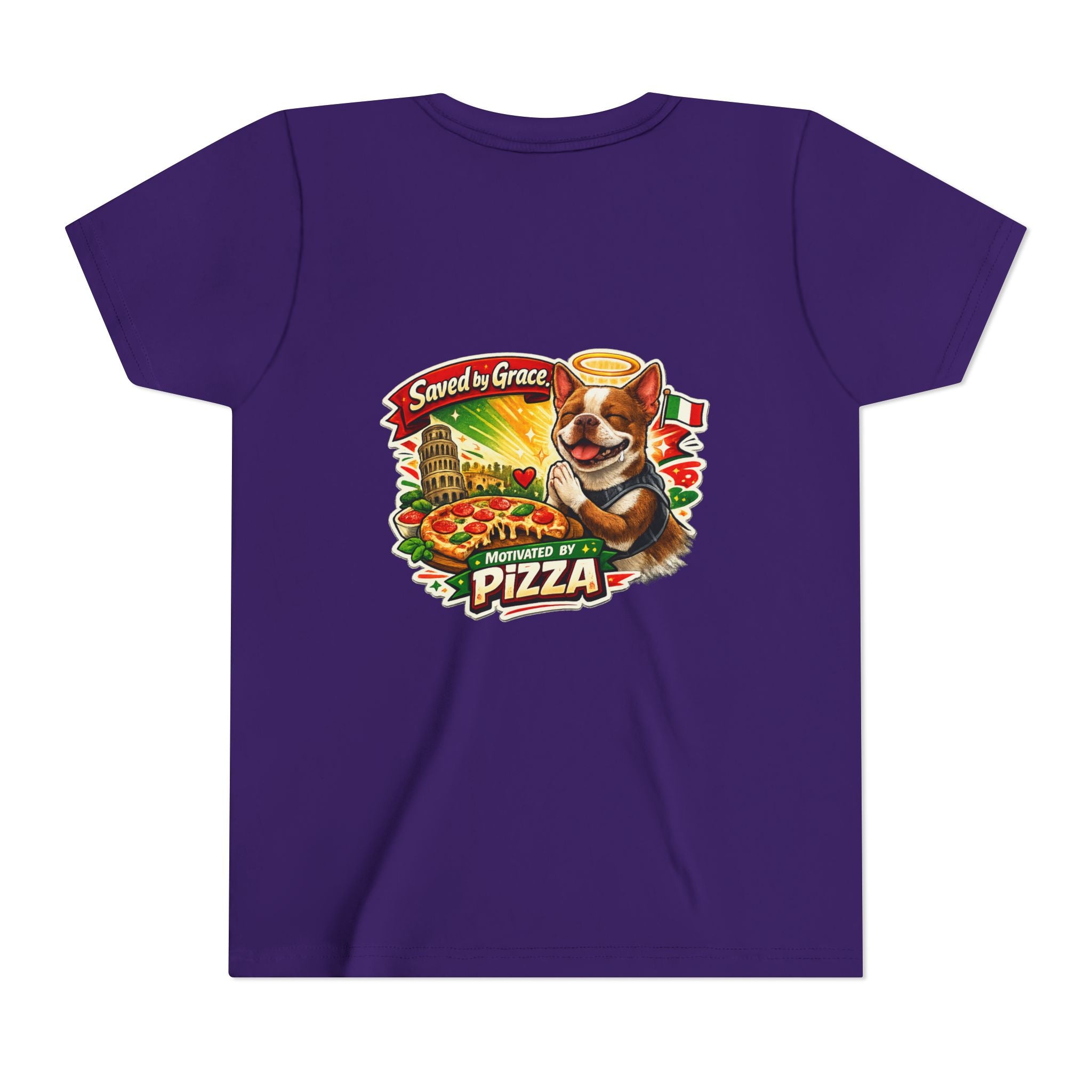 Kids' Pizza Olli the Boston Terrier Tee — "Saved by Grace" Funny Italian Pizza Youth Shirt