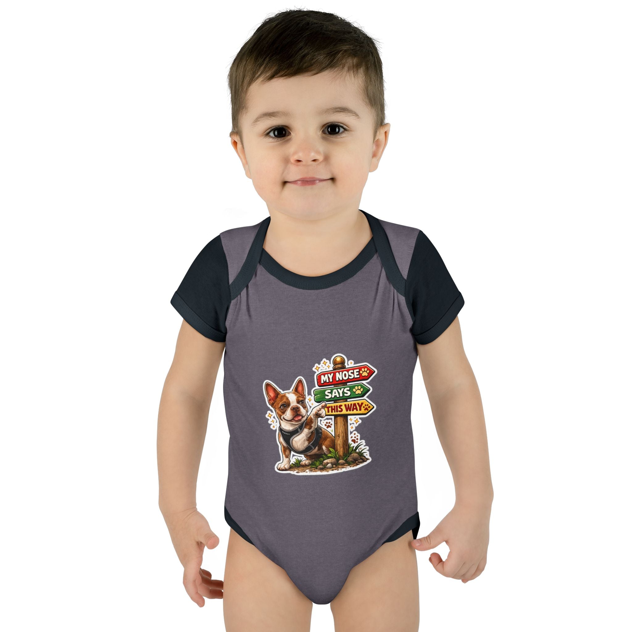 Infant Bodysuit — "My Nose Says This Way" Boston Terrier 'Olli' Baby Onesie (Front & Back Cute Dog Design)