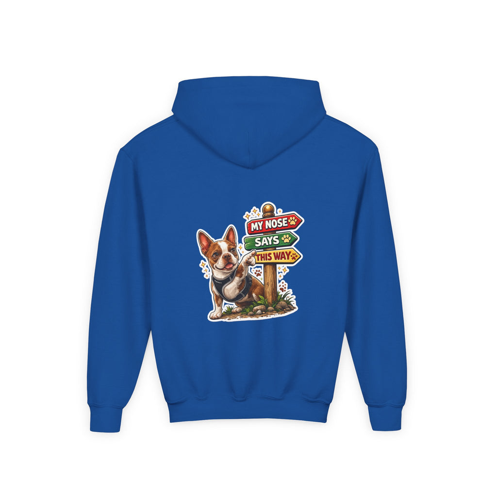 Olli the Boston Terrier in Italy Hoodie — "My Nose Says This Way" Youth Pullover