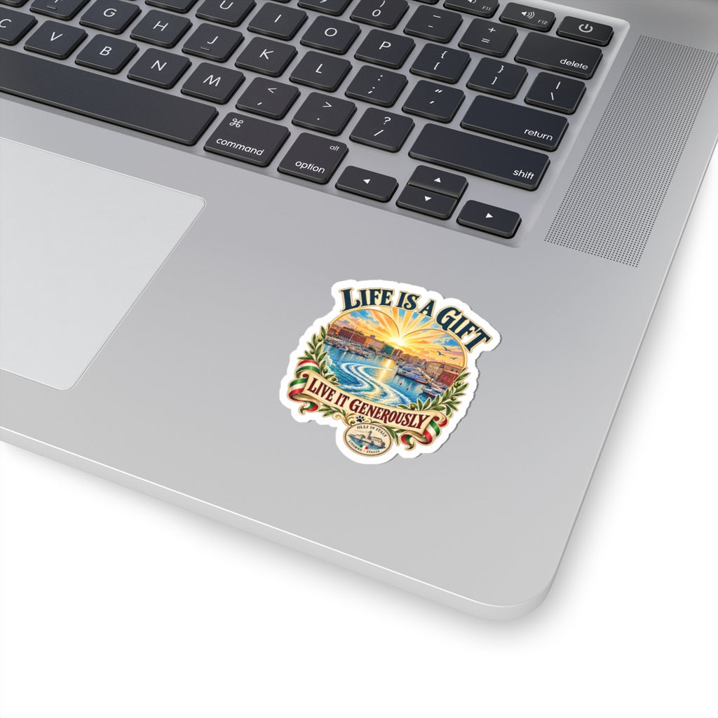 Life Is a Gift Sticker — Scenic Inspirational Kiss-Cut Sticker ("Live It Generously")