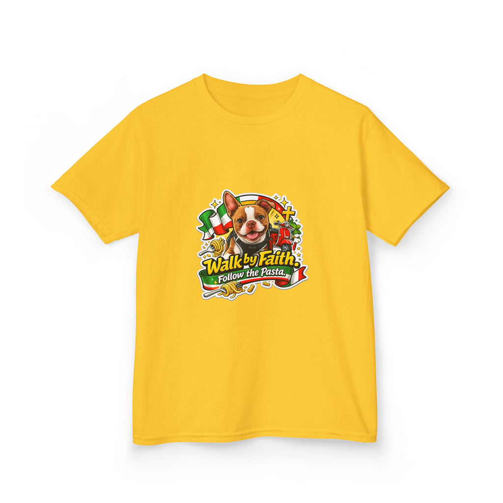 Kids T‑Shirt — “Walk by Faith, Follow the Pasta ” Cute Olli the Boston Terrier Faith Graphic
