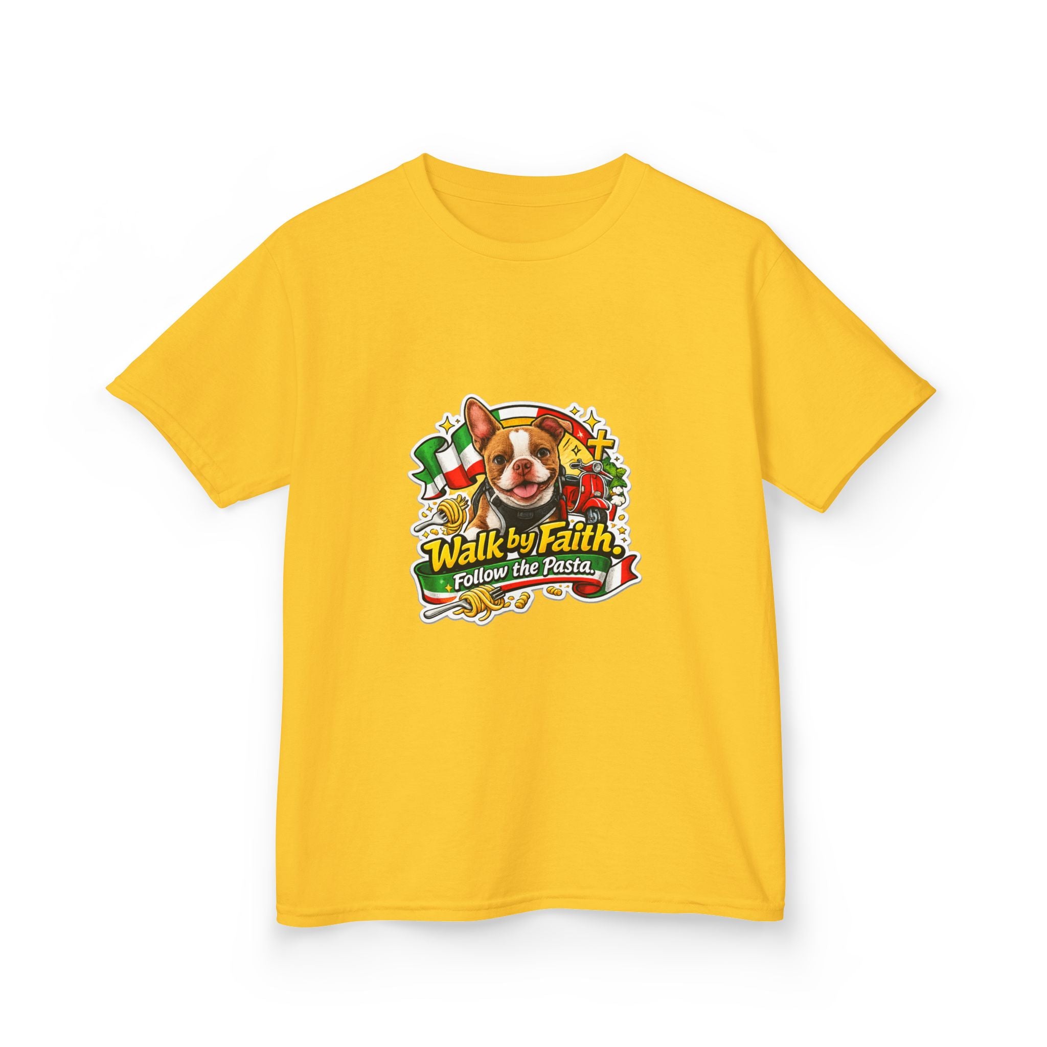 Kids T‑Shirt — “Walk by Faith, Follow the Pasta ” Cute Olli the Boston Terrier Faith Graphic