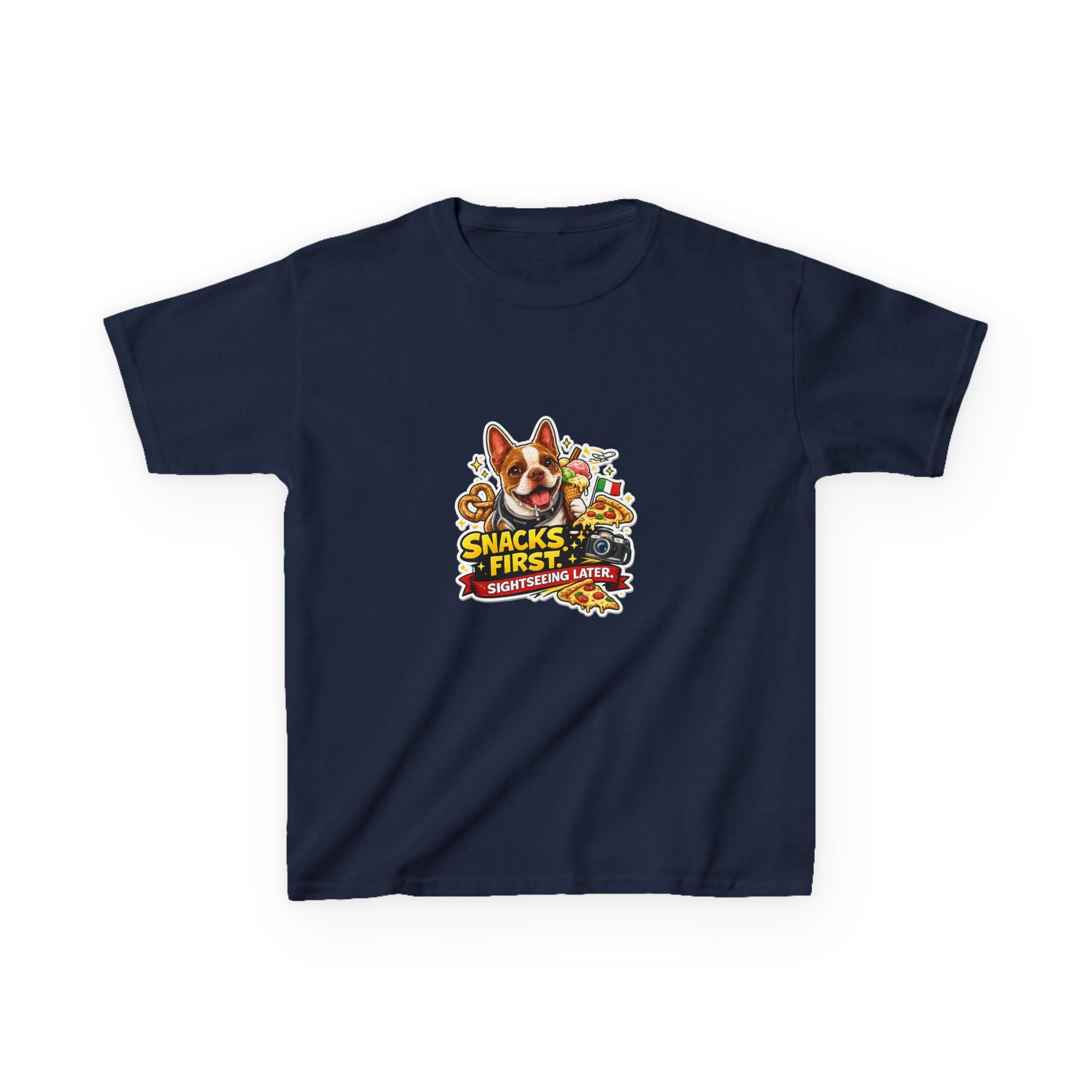 Kids T‑Shirt — "Snacks First" Funny Olli the Boston Terrier Graphic Tee for Children