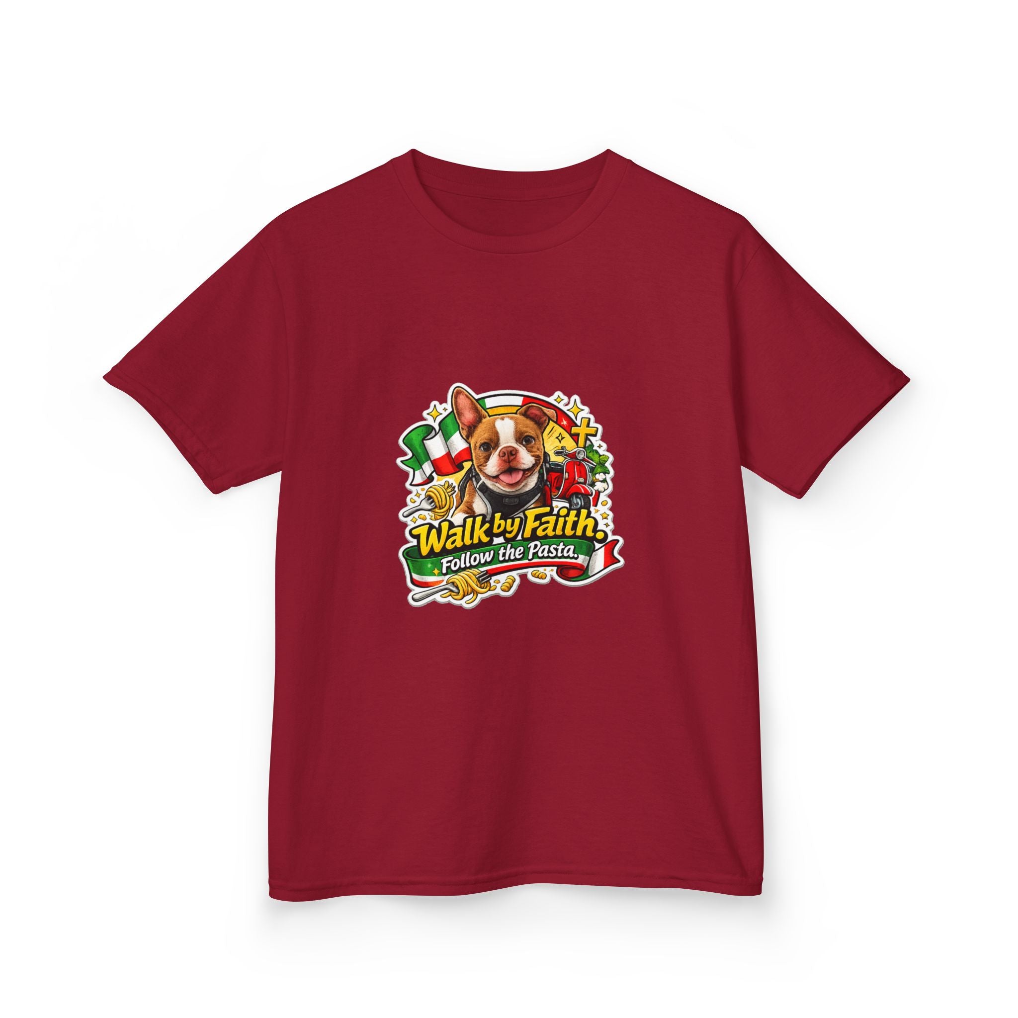 Kids T‑Shirt — “Walk by Faith, Follow the Pasta ” Cute Olli the Boston Terrier Faith Graphic