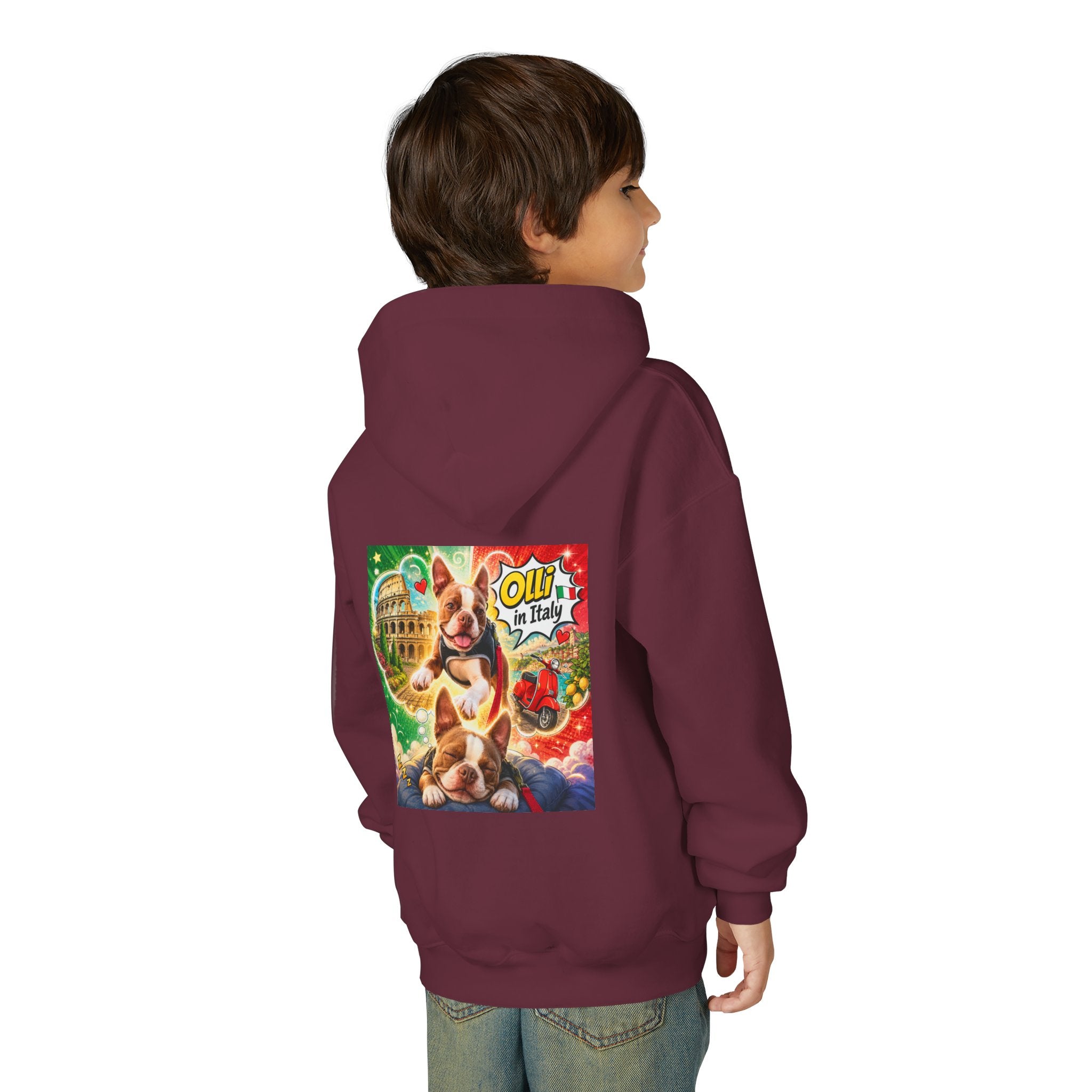 Youth Hoodie — "Olli from Italy" Boston Terrier Christmas Holiday Sweatshirt