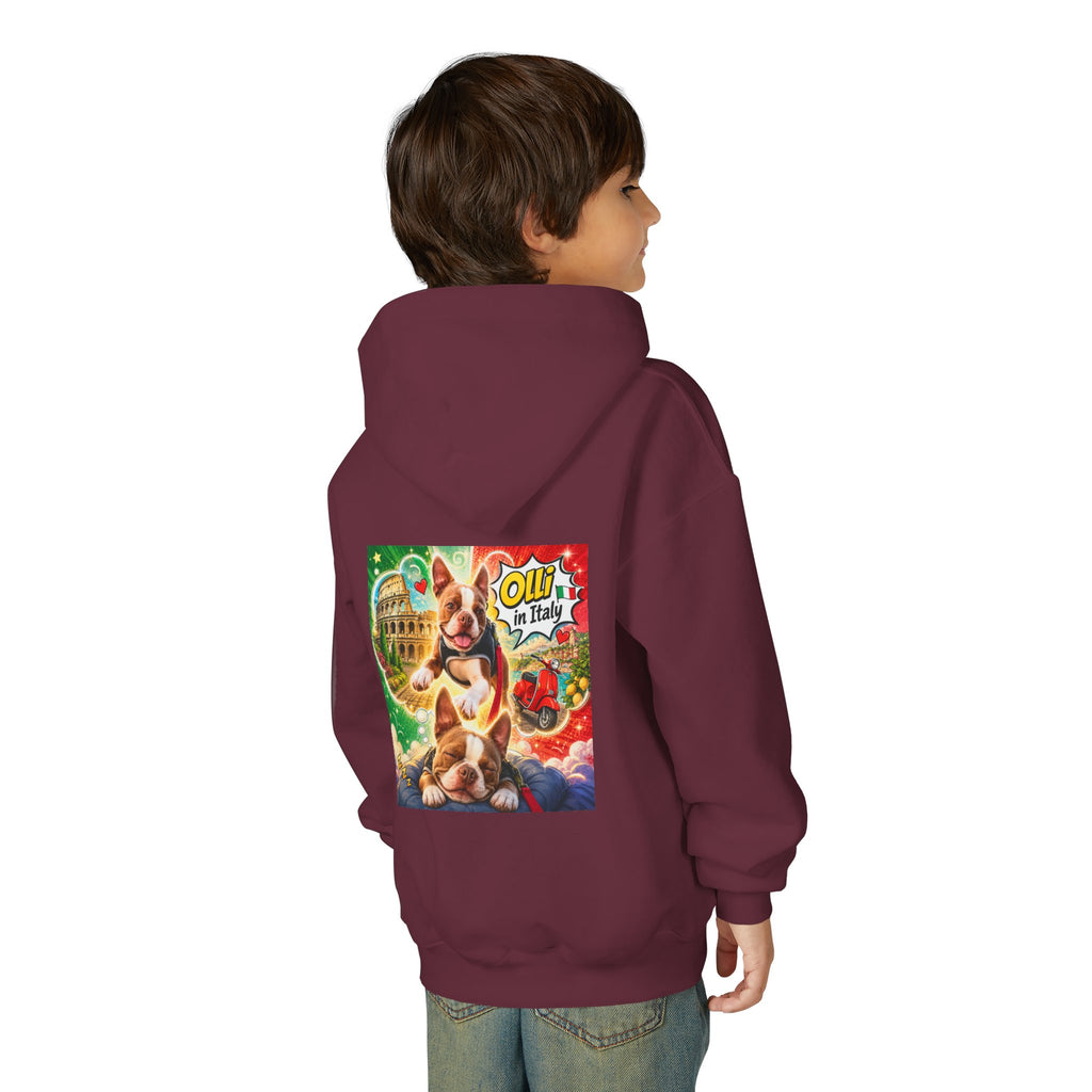 Youth Hoodie — "Olli in Italy" Boston Terrier Sweatshirt