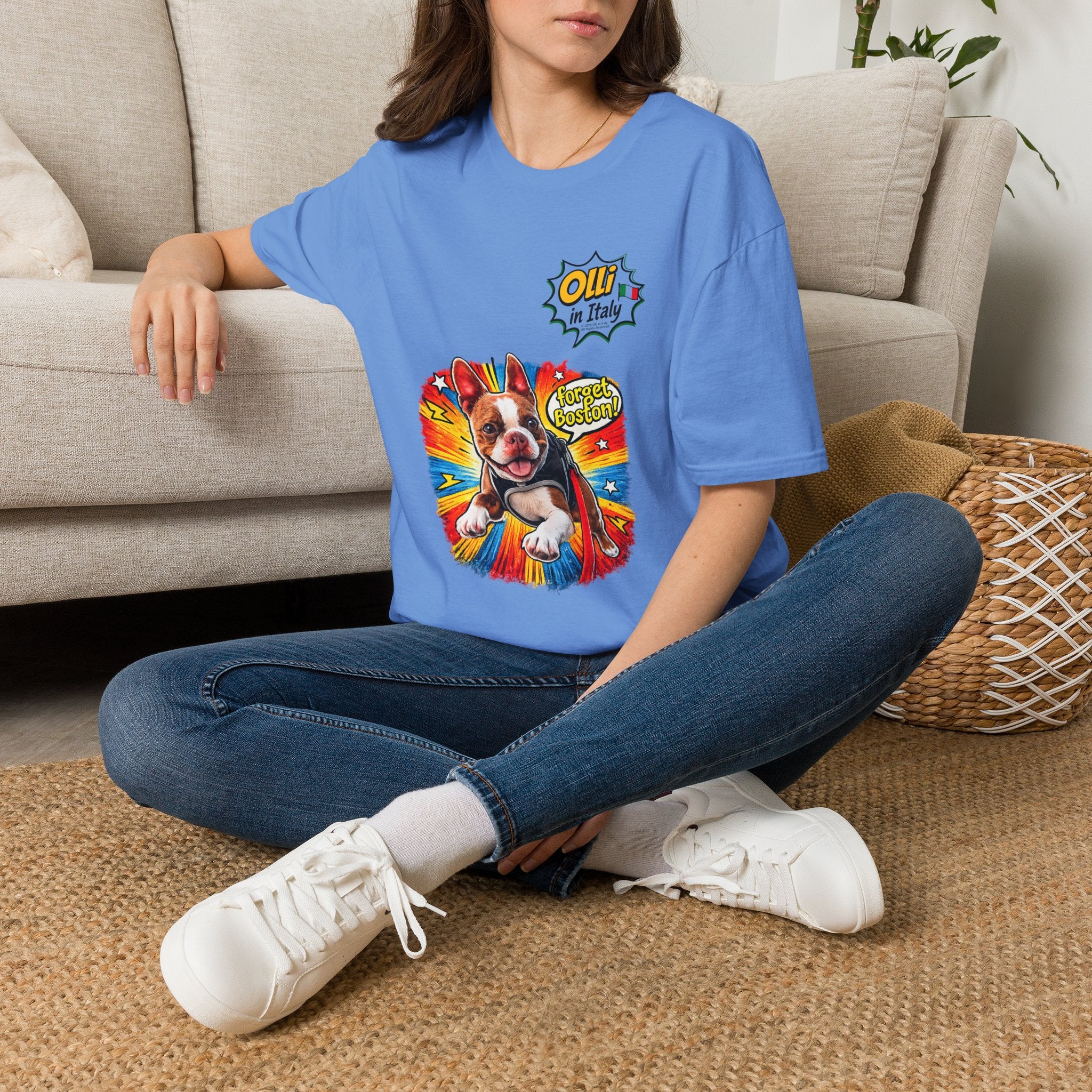 Olli in Italy "Forget Boston" Graphic T-Shirt — Colorful Dog Pop Art Tee