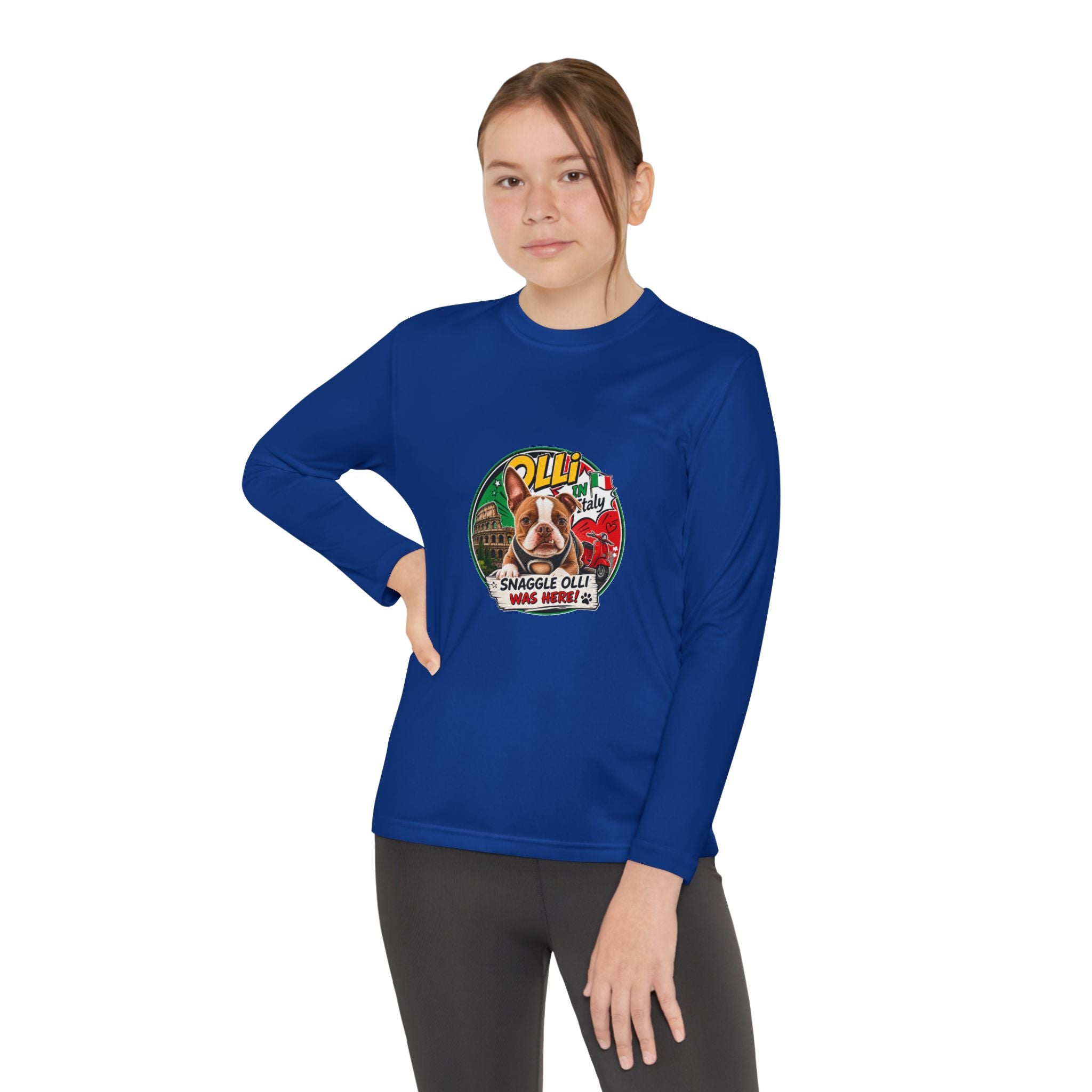 Olli the Boston Terrier in Italy Youth Long Sleeve Tee — "Olli" Surf Rescue Graphic