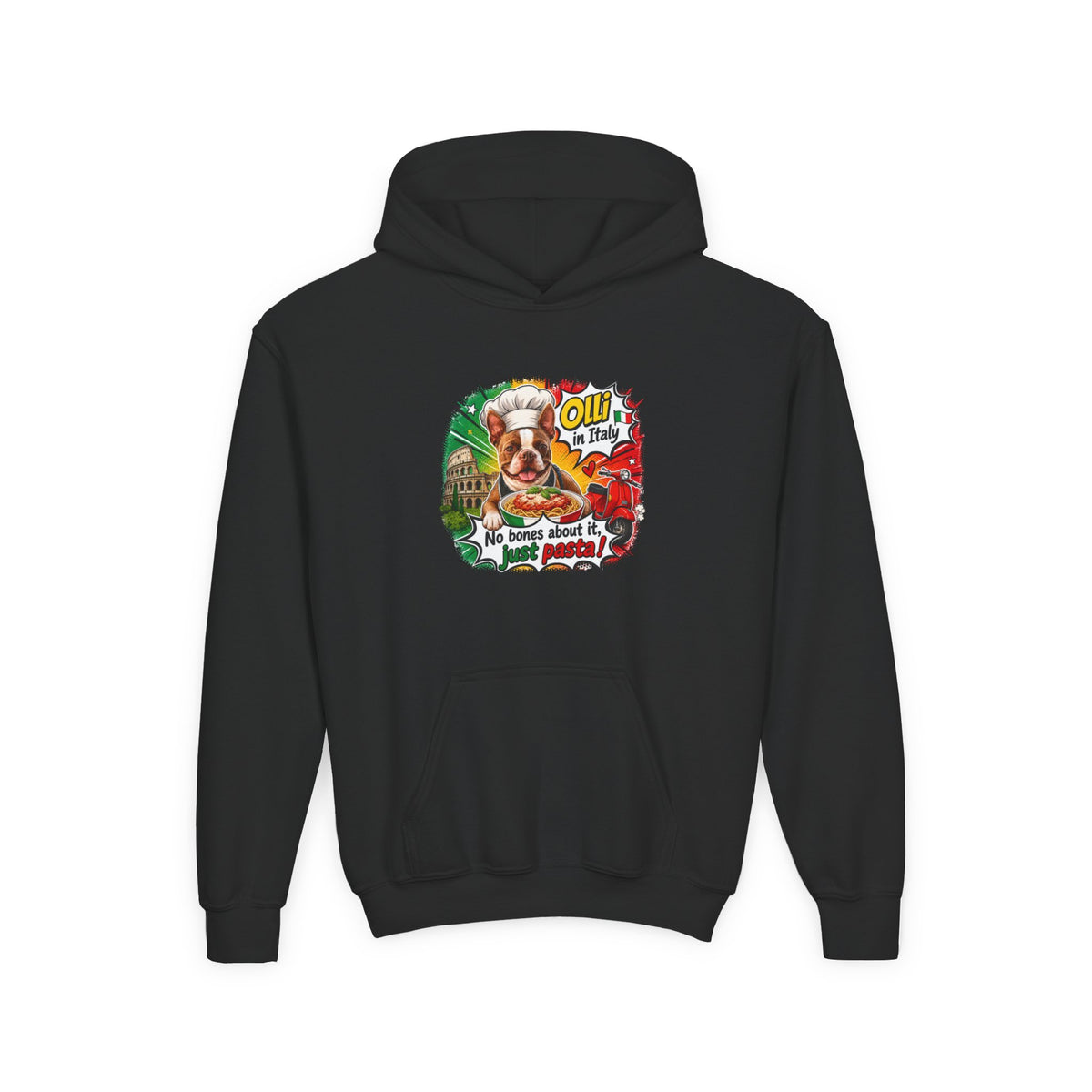 Youth Hoodie — "Olli from Italy" Boston Terrier Christmas Holiday Sweatshirt