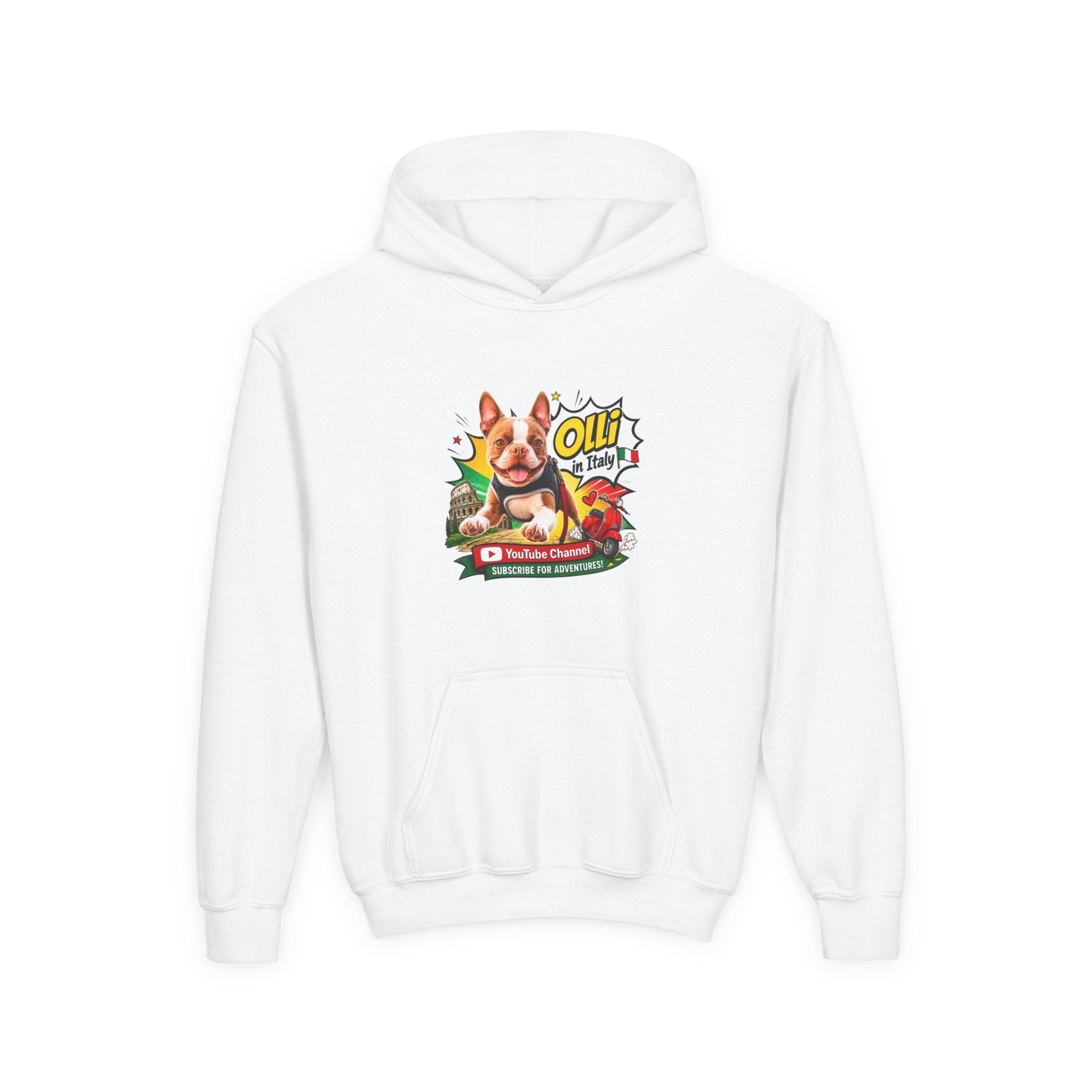 Olli the Boston Terrier in Italy Hoodie — "My Nose Says This Way" Youth Pullover