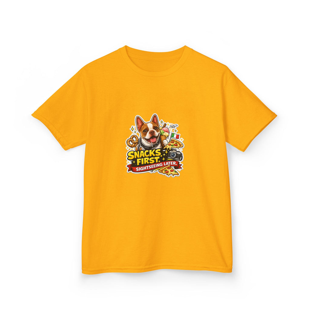 Kids T‑Shirt — "Snacks First" Funny Olli the Boston Terrier Graphic Tee for Children