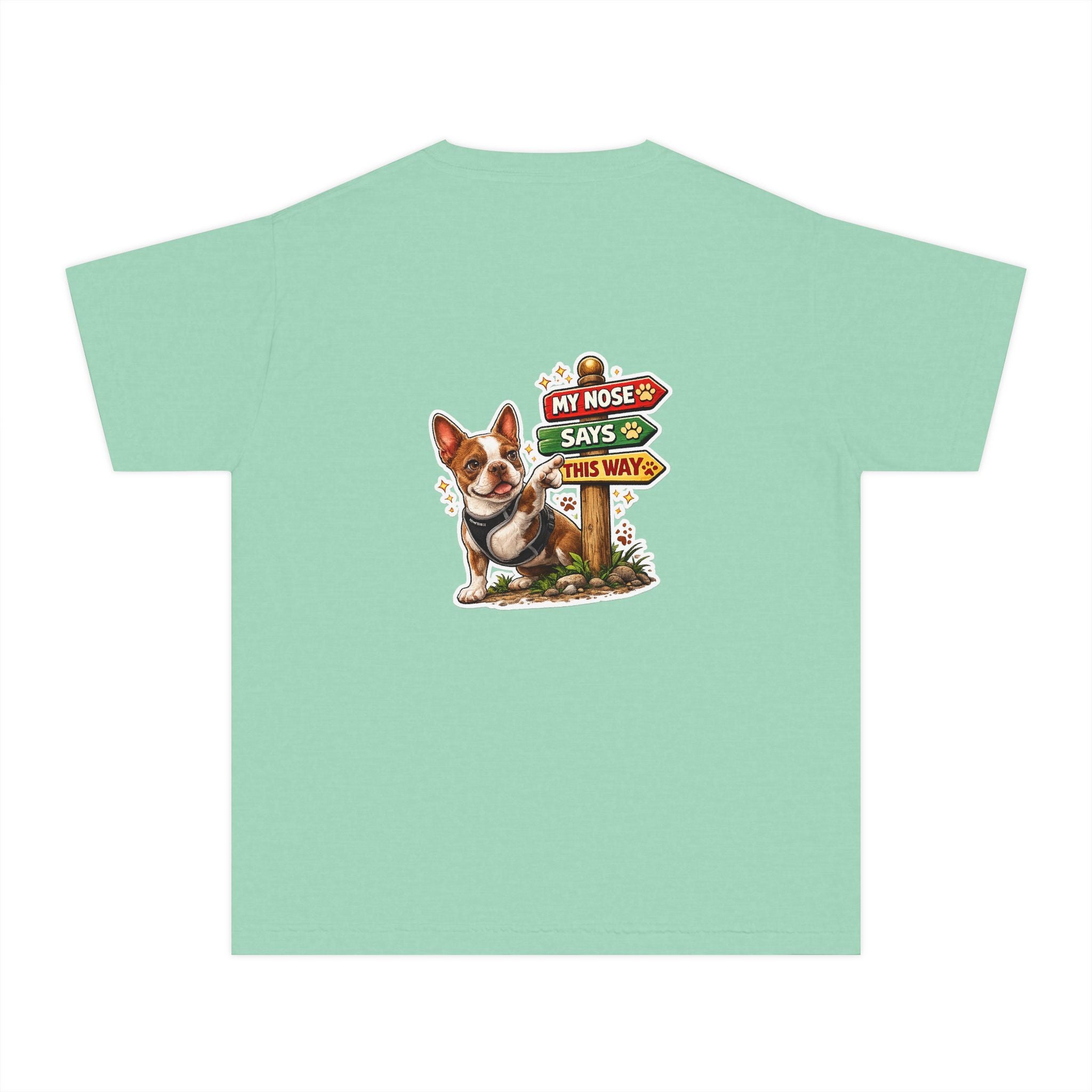 Youth Tee - Cute Olli the Boston Terrier "My Nose Says This Way" Vintage Italian Pizza Chef Graphic