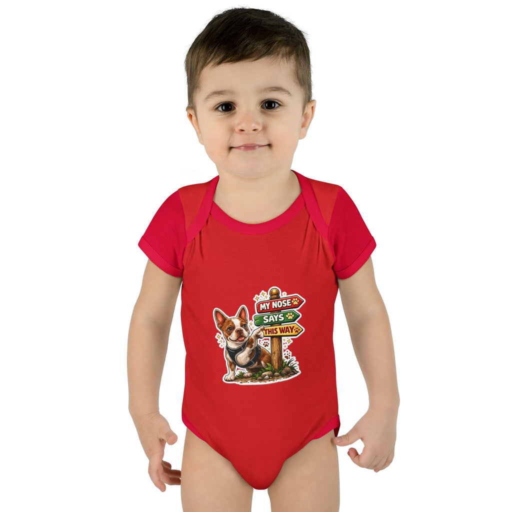Infant Bodysuit — "My Nose Says This Way" Olli In Italy Boston Terrier Onesie (Front & Back Cute Dog Design)