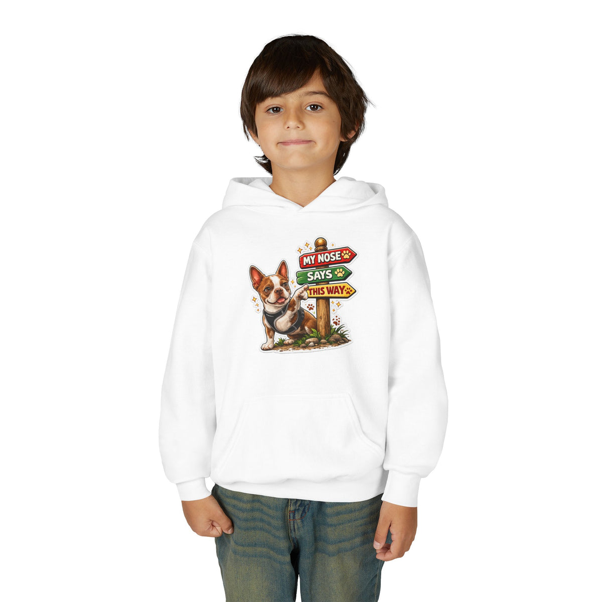 Youth Hoodie — Cute Olli the Boston Terrier ‘My Nose Says This Way’ / ‘I Came, I Sniffed, I Judged’