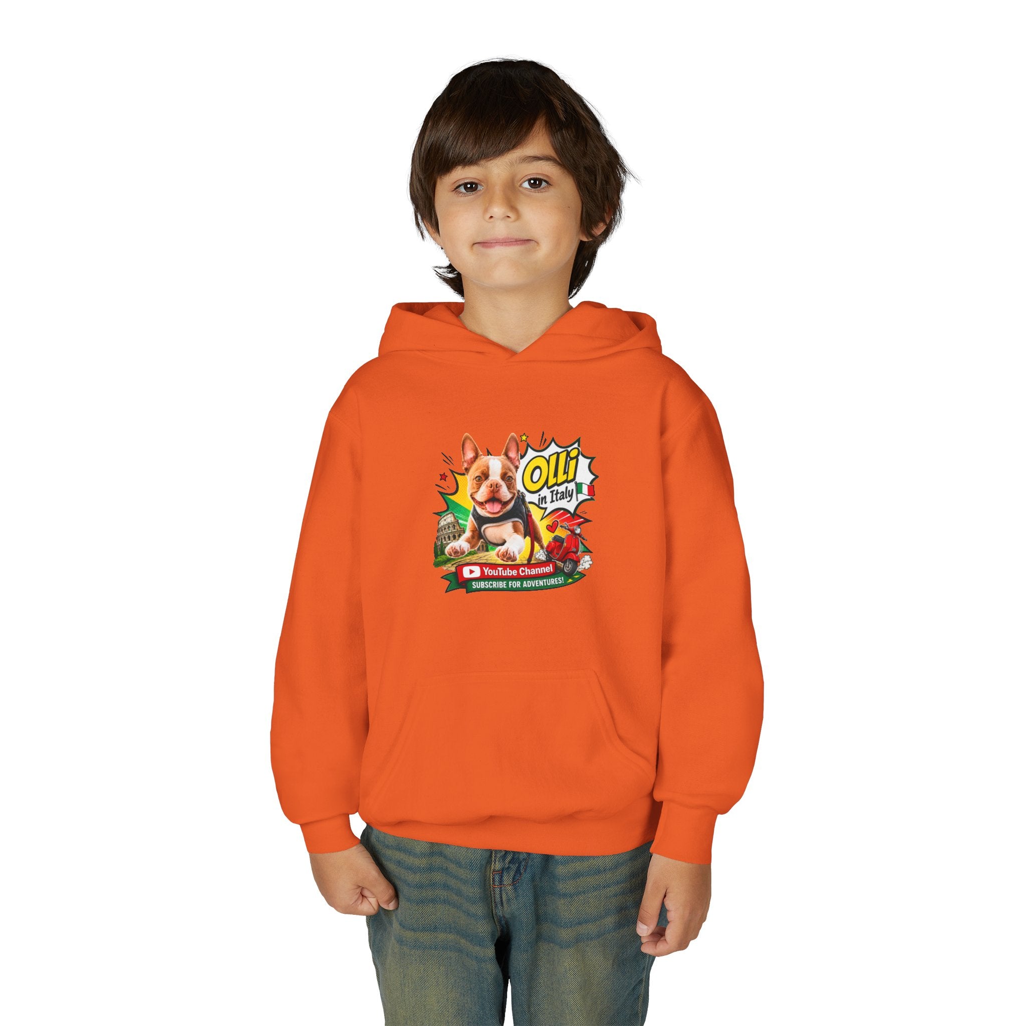 Olli the Boston Terrier in Italy Hoodie — "My Nose Says This Way" Youth Pullover