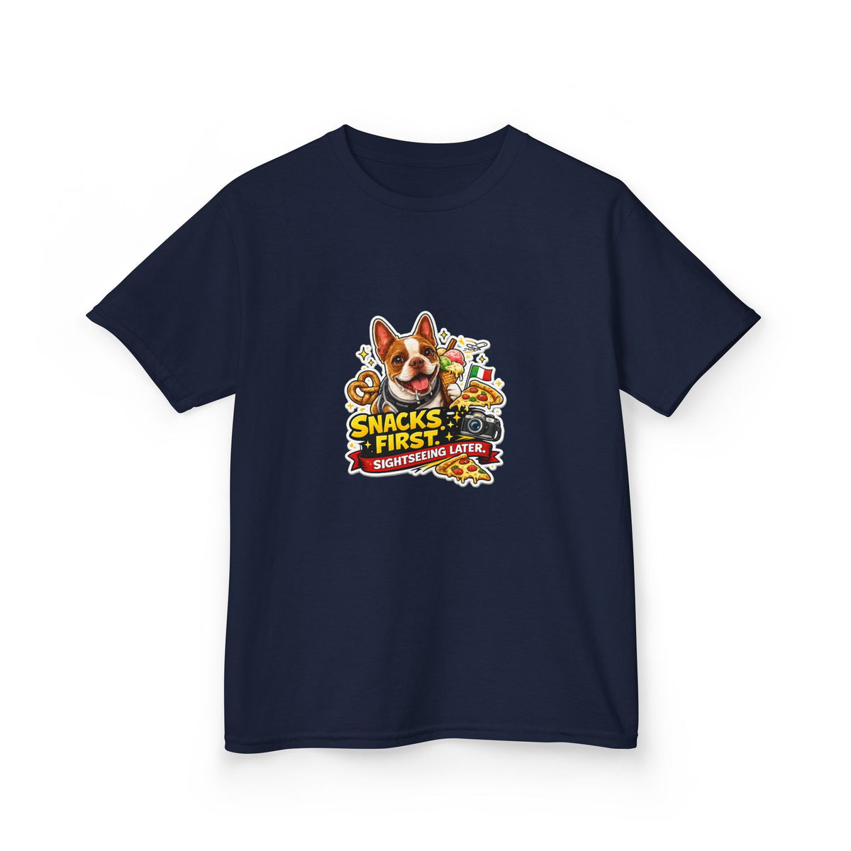 Kids T‑Shirt — "Snacks First" Funny Olli the Boston Terrier Graphic Tee for Children