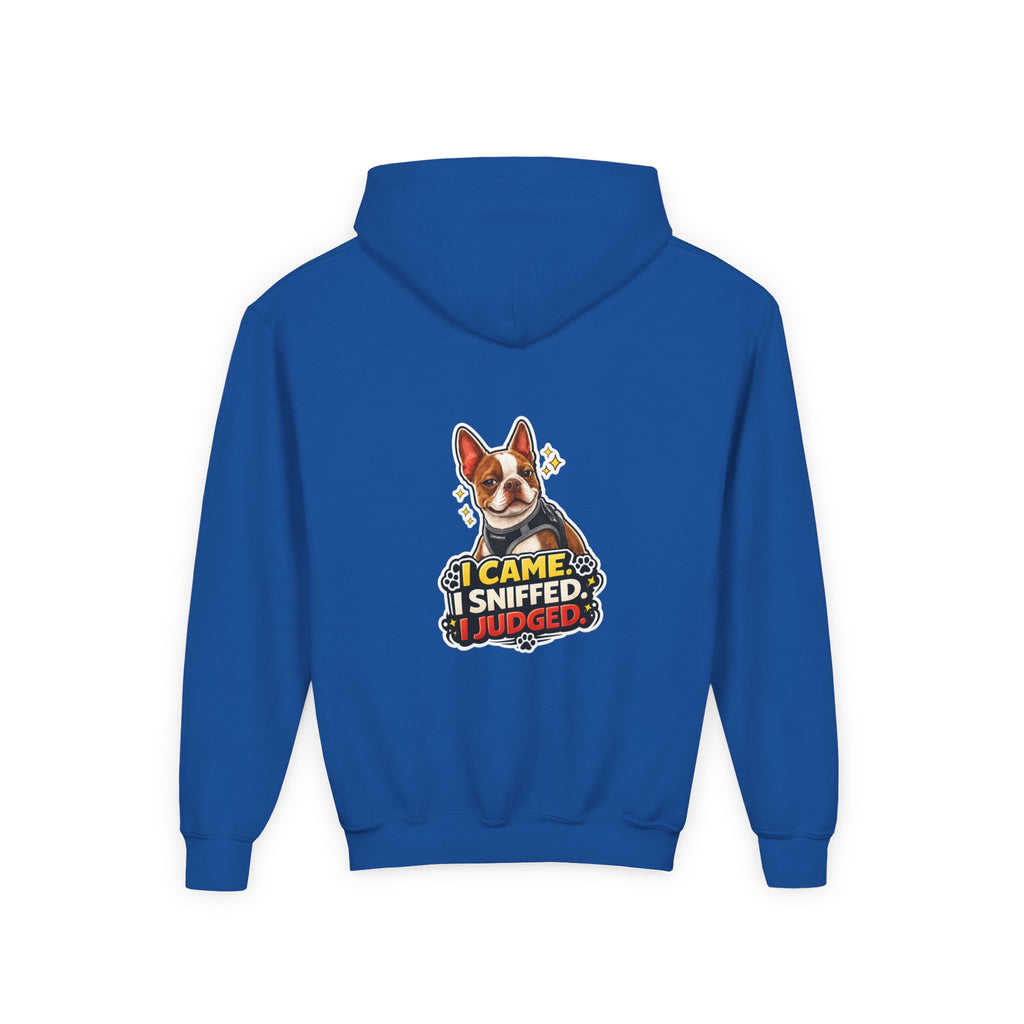 Youth Hoodie — Cute Olli the Boston Terrier ‘My Nose Says This Way’ / ‘I Came, I Sniffed, I Judged’