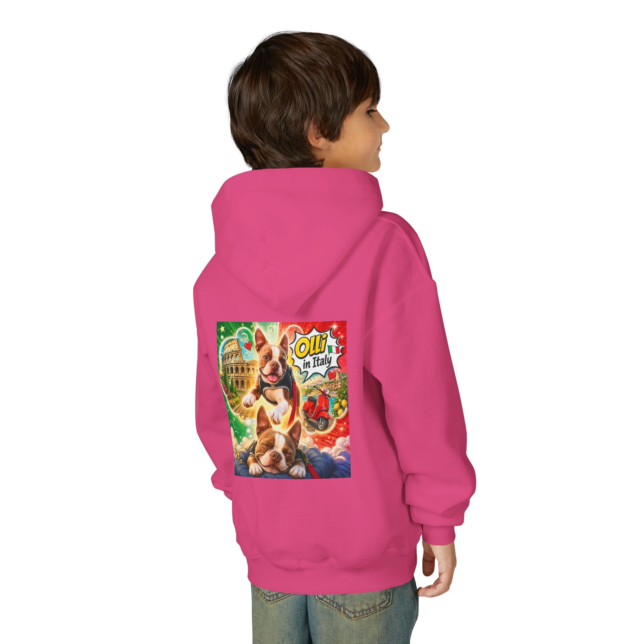 Youth Hoodie — "Olli in Italy" Boston Terrier Sweatshirt