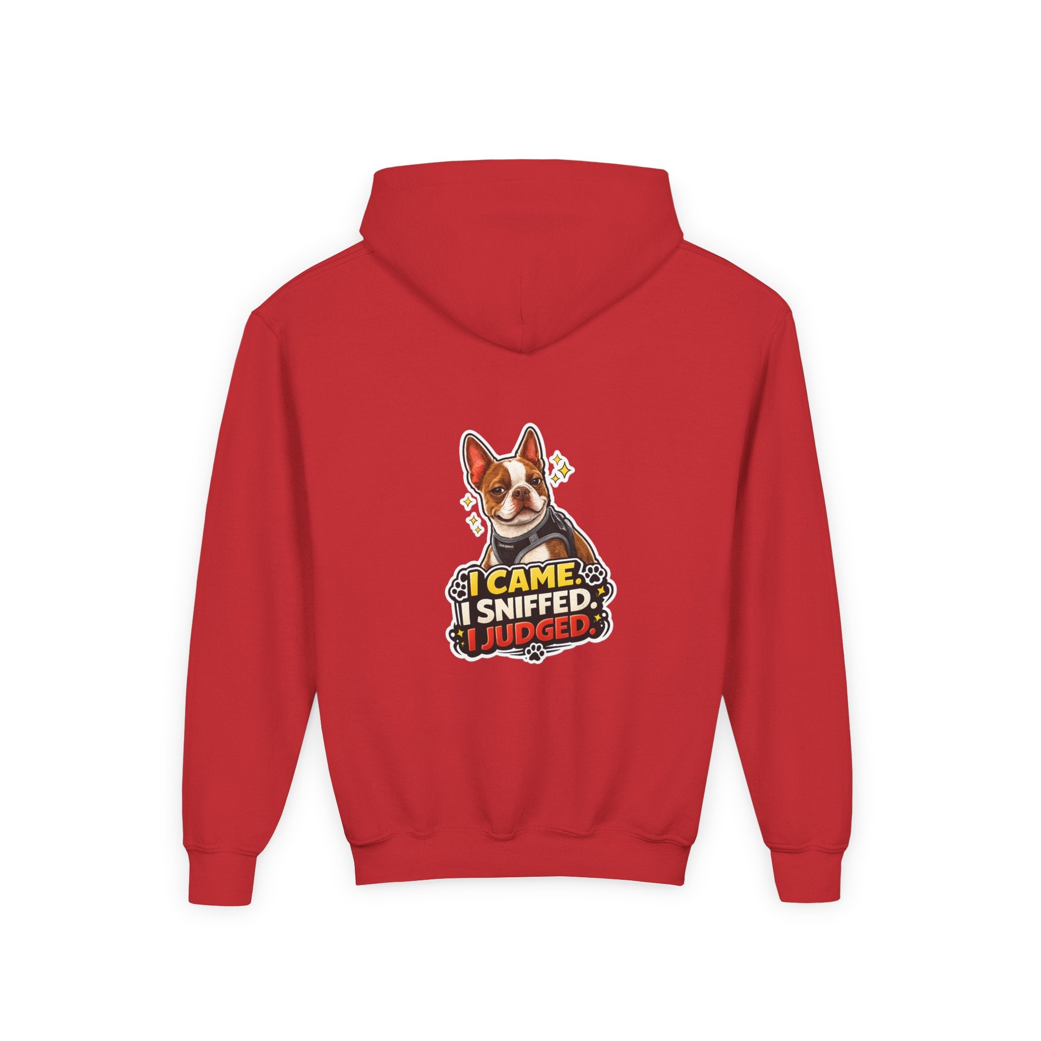 Youth Hoodie — Cute Olli the Boston Terrier ‘My Nose Says This Way’ / ‘I Came, I Sniffed, I Judged’