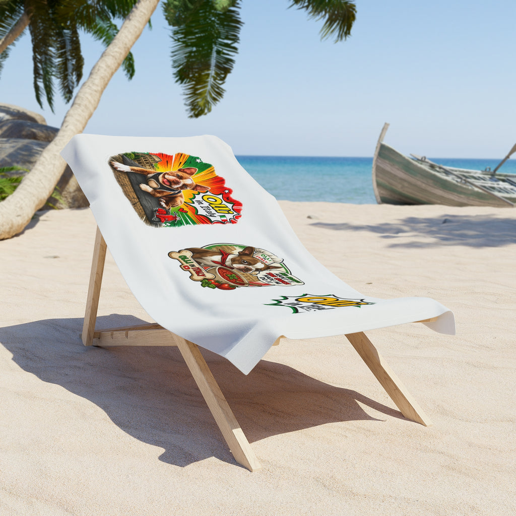 Olli in Italy cartoon dog beach towel | Italian pizza travel design