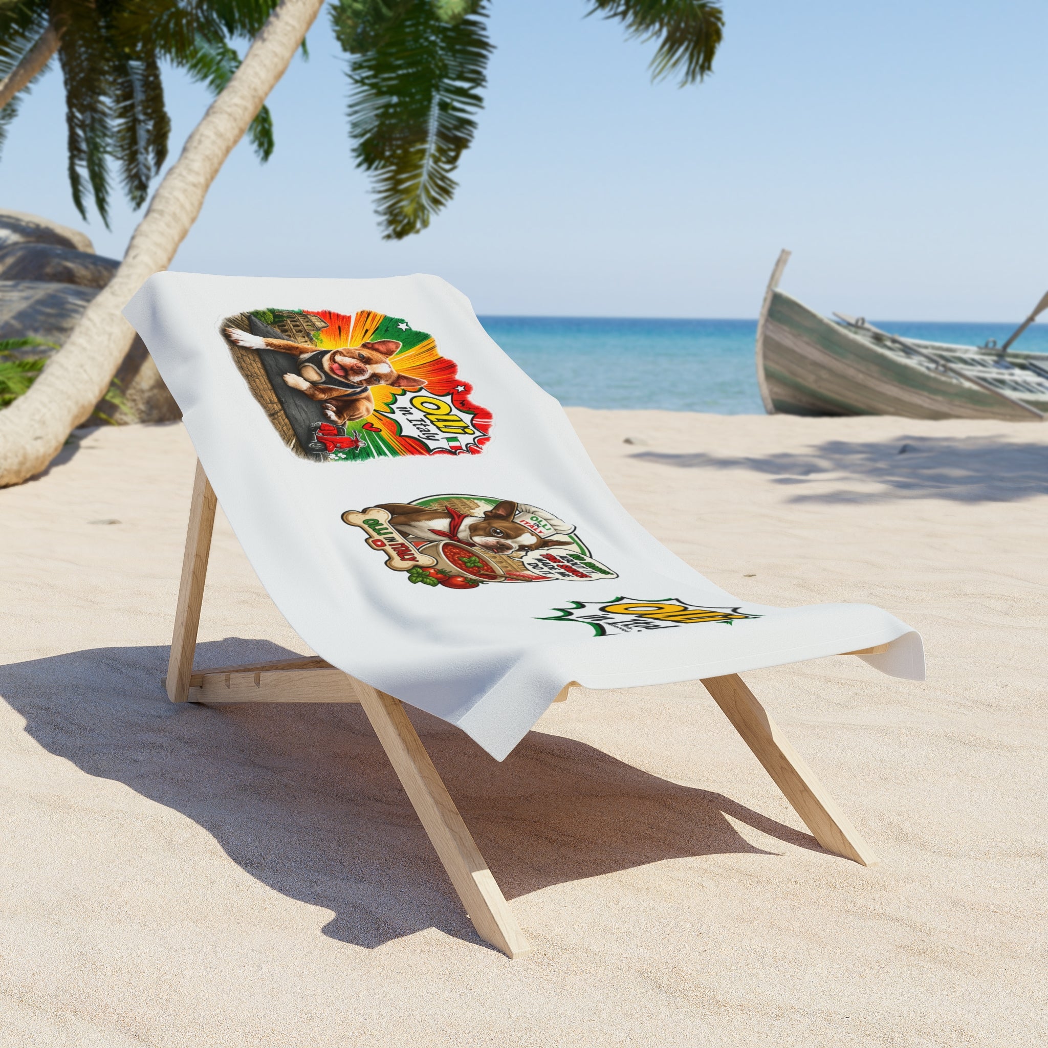 Olli in Italy cartoon dog beach towel | Italian pizza travel design