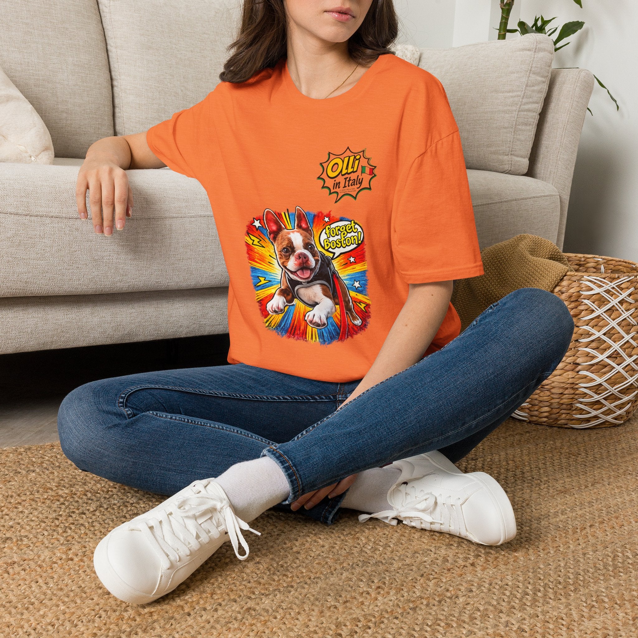 Olli in Italy "Forget Boston" Graphic T-Shirt — Colorful Dog Pop Art Tee