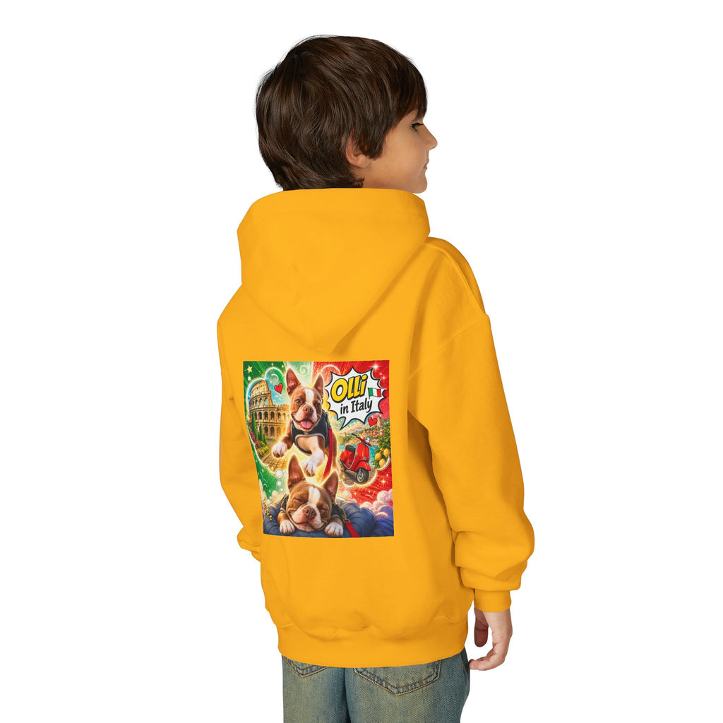 Youth Hoodie — "Olli from Italy" Boston Terrier Christmas Holiday Sweatshirt
