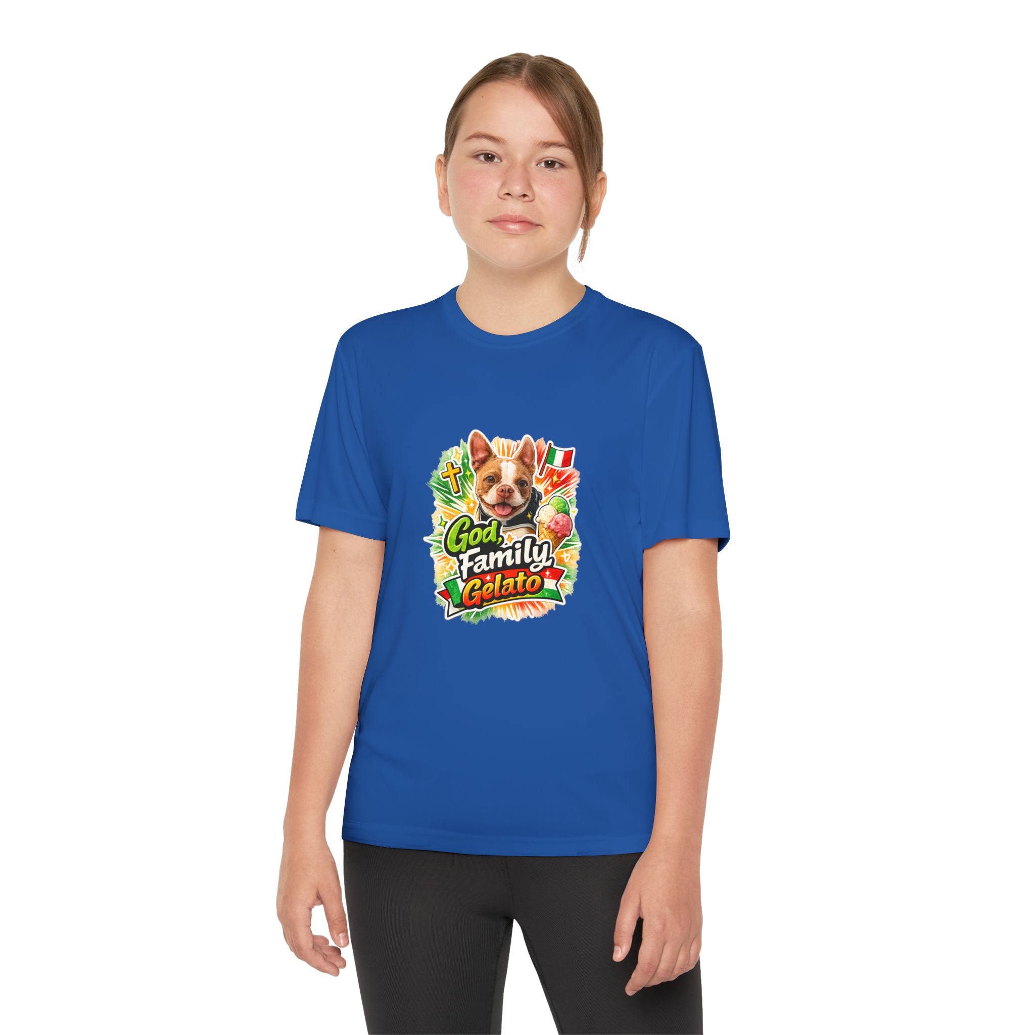 Youth Graphic Tee — 'God, Family, Gelato' Olli In Italy Boston Terrier Dog