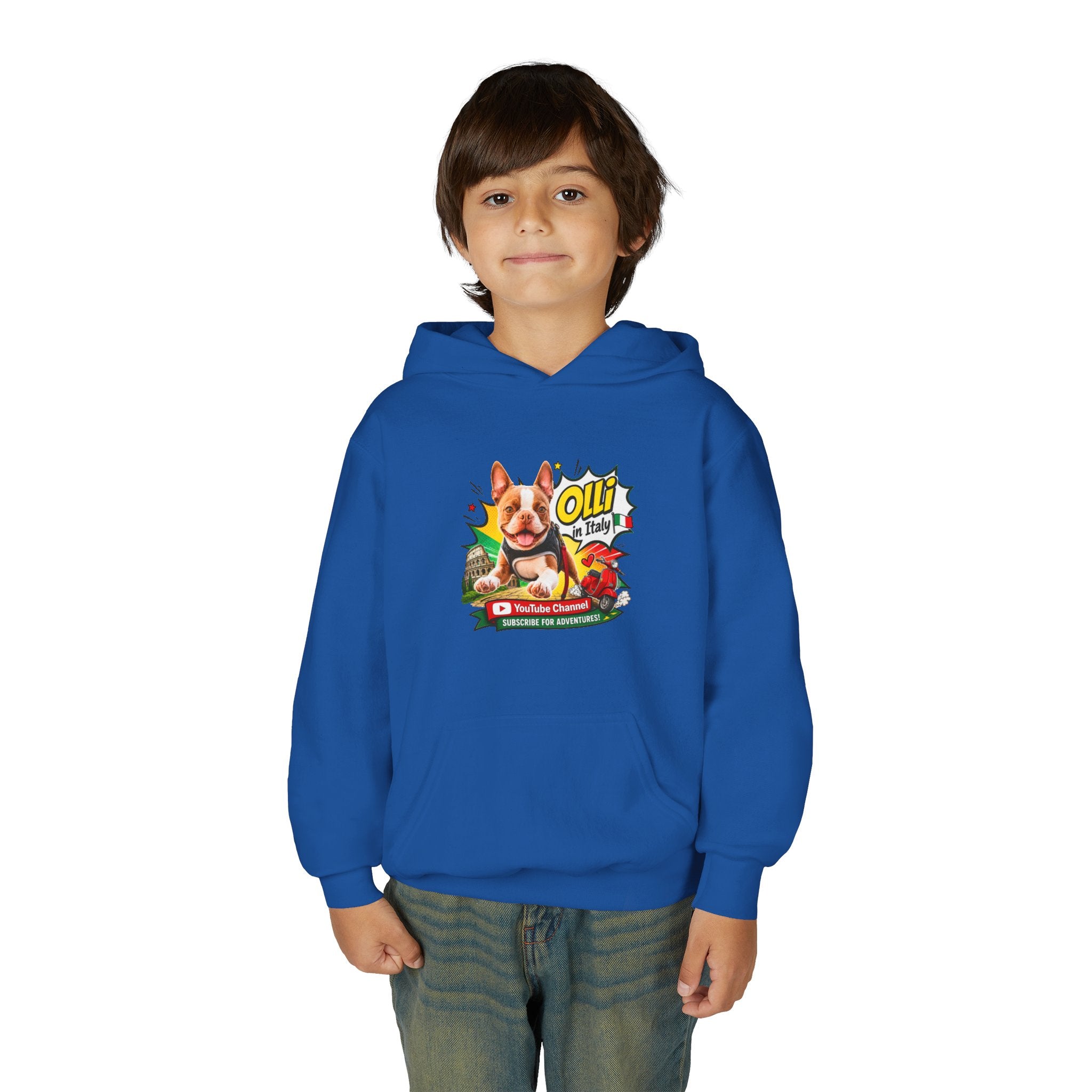 Olli the Boston Terrier in Italy Hoodie — "My Nose Says This Way" Youth Pullover