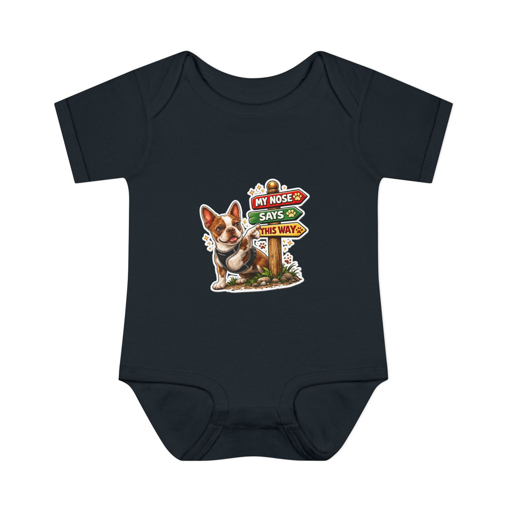 Infant Bodysuit — "My Nose Says This Way" Olli In Italy Boston Terrier Onesie (Front & Back Cute Dog Design)