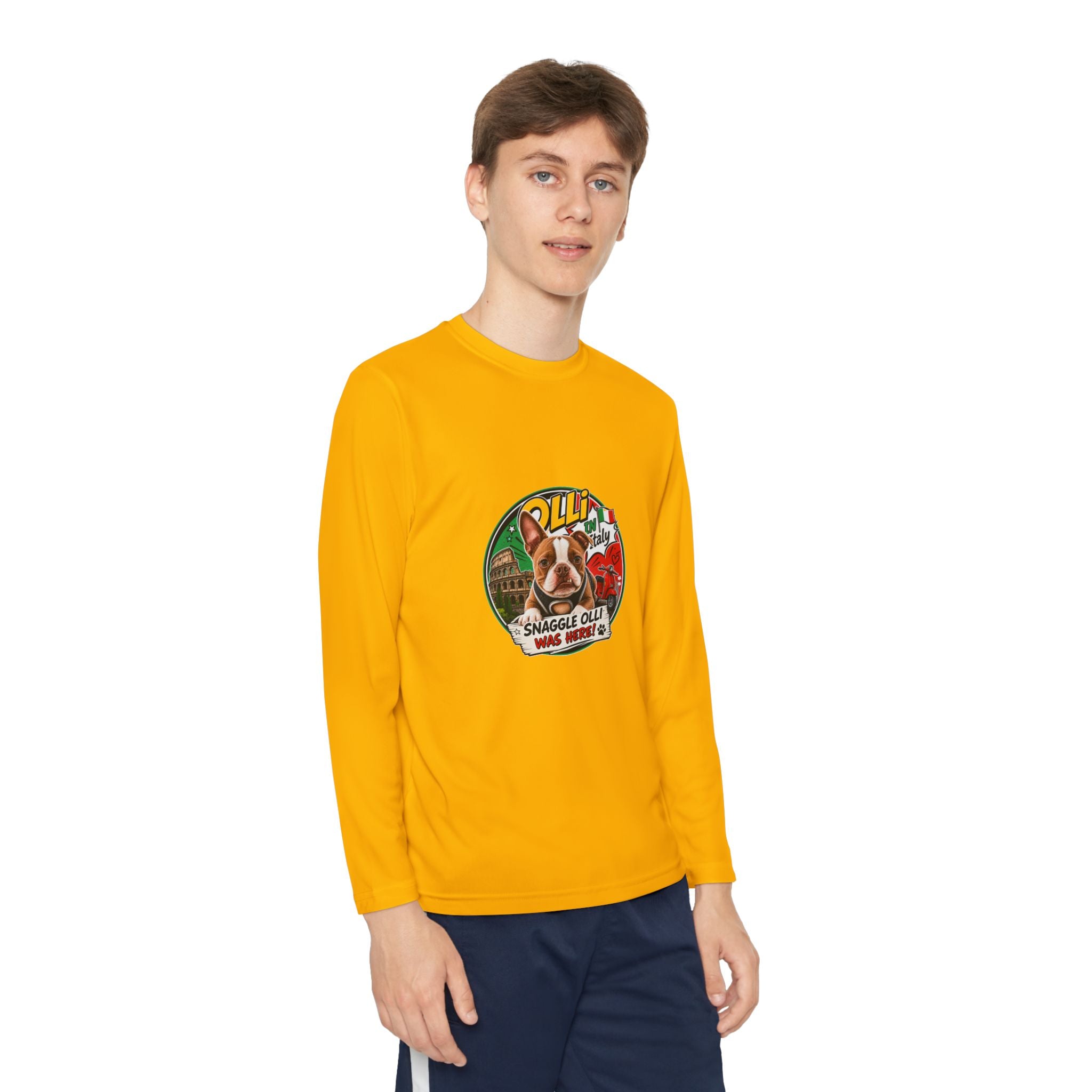 Olli the Boston Terrier in Italy Youth Long Sleeve Tee — "Olli" Surf Rescue Graphic