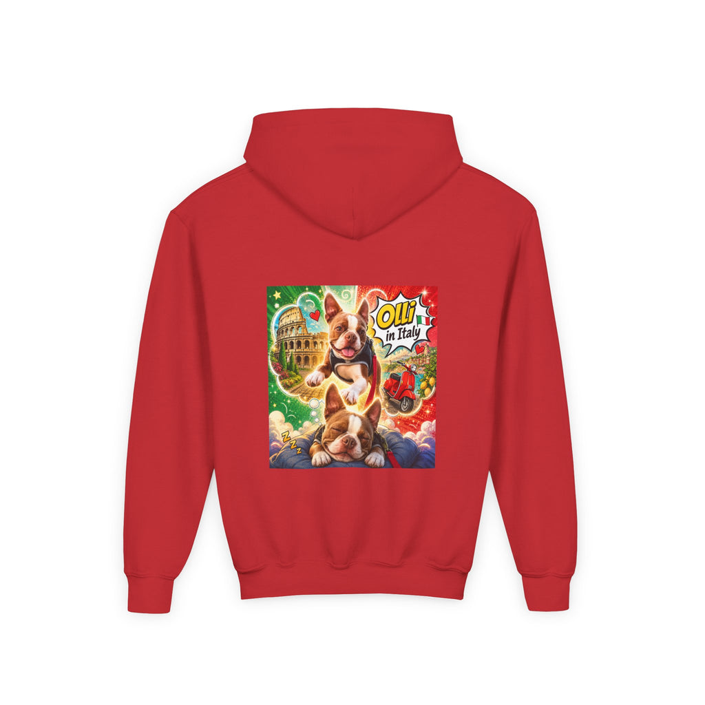 Youth Hoodie — "Olli in Italy" Boston Terrier Sweatshirt
