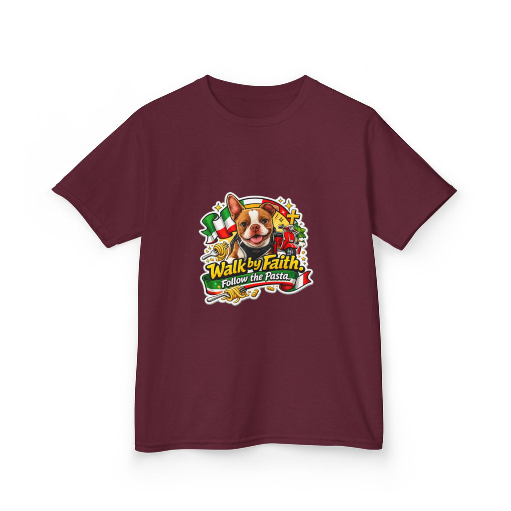Kids T‑Shirt — “Walk by Faith, Follow the Pasta ” Cute Olli the Boston Terrier Faith Graphic